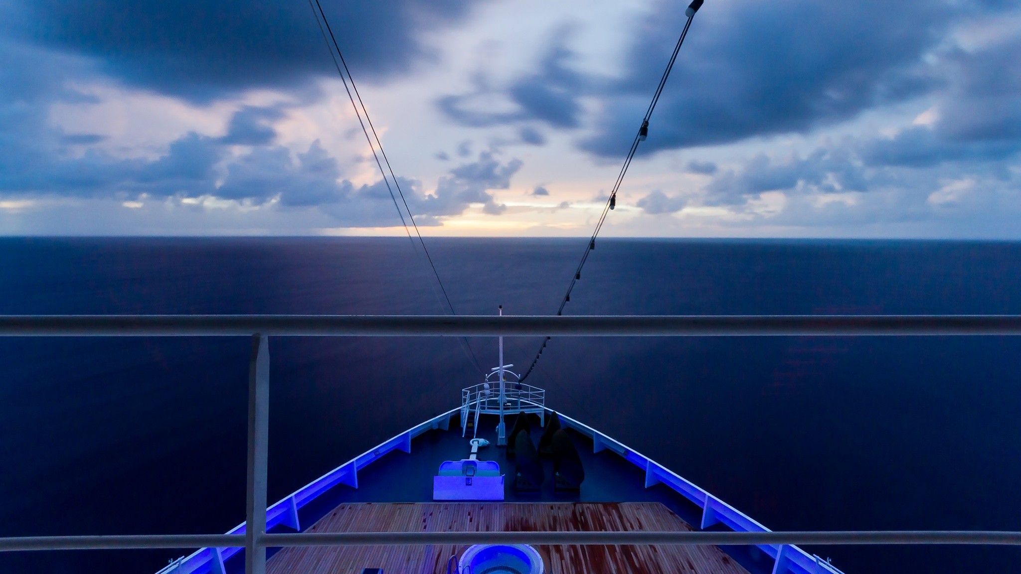 Ship Sea Horizon Calm Waters Clouds Blue 2048x1152