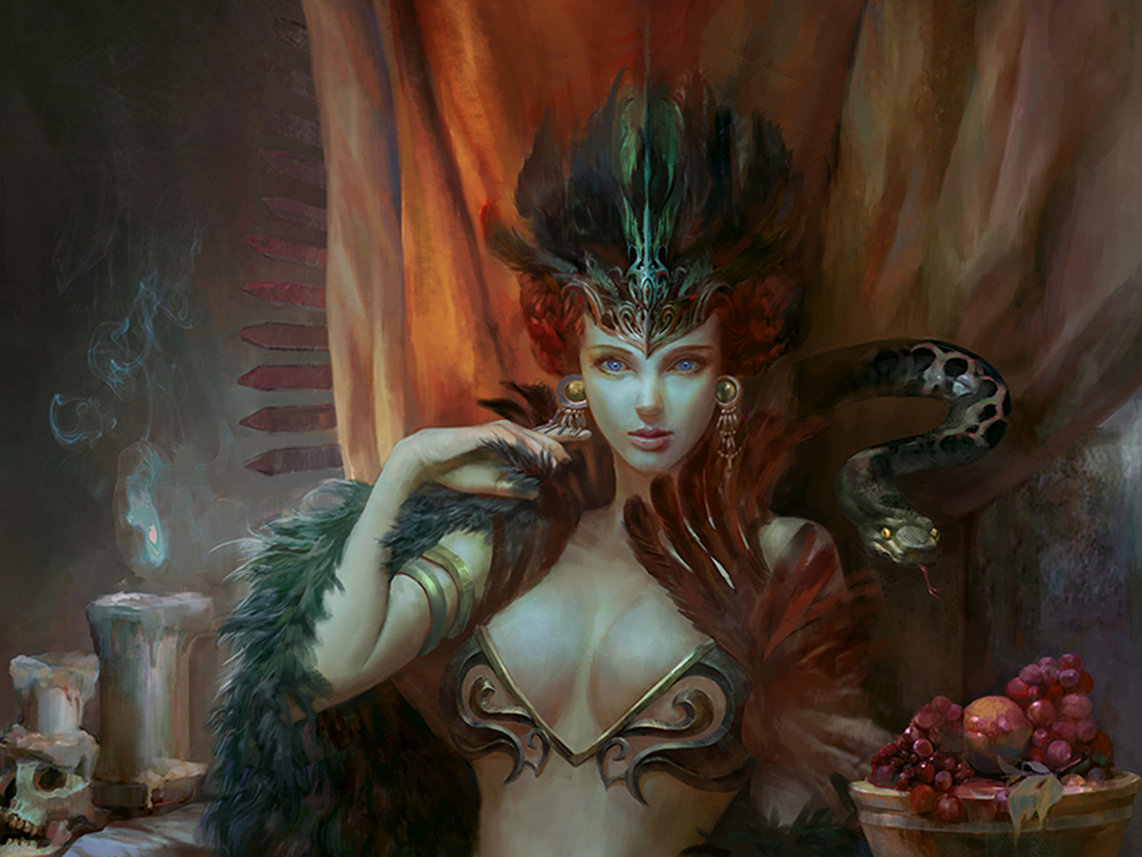 Fantasy Woman Snake Candle Fruit Headdress Boa Red Hair Blue Eyes 1600x1200