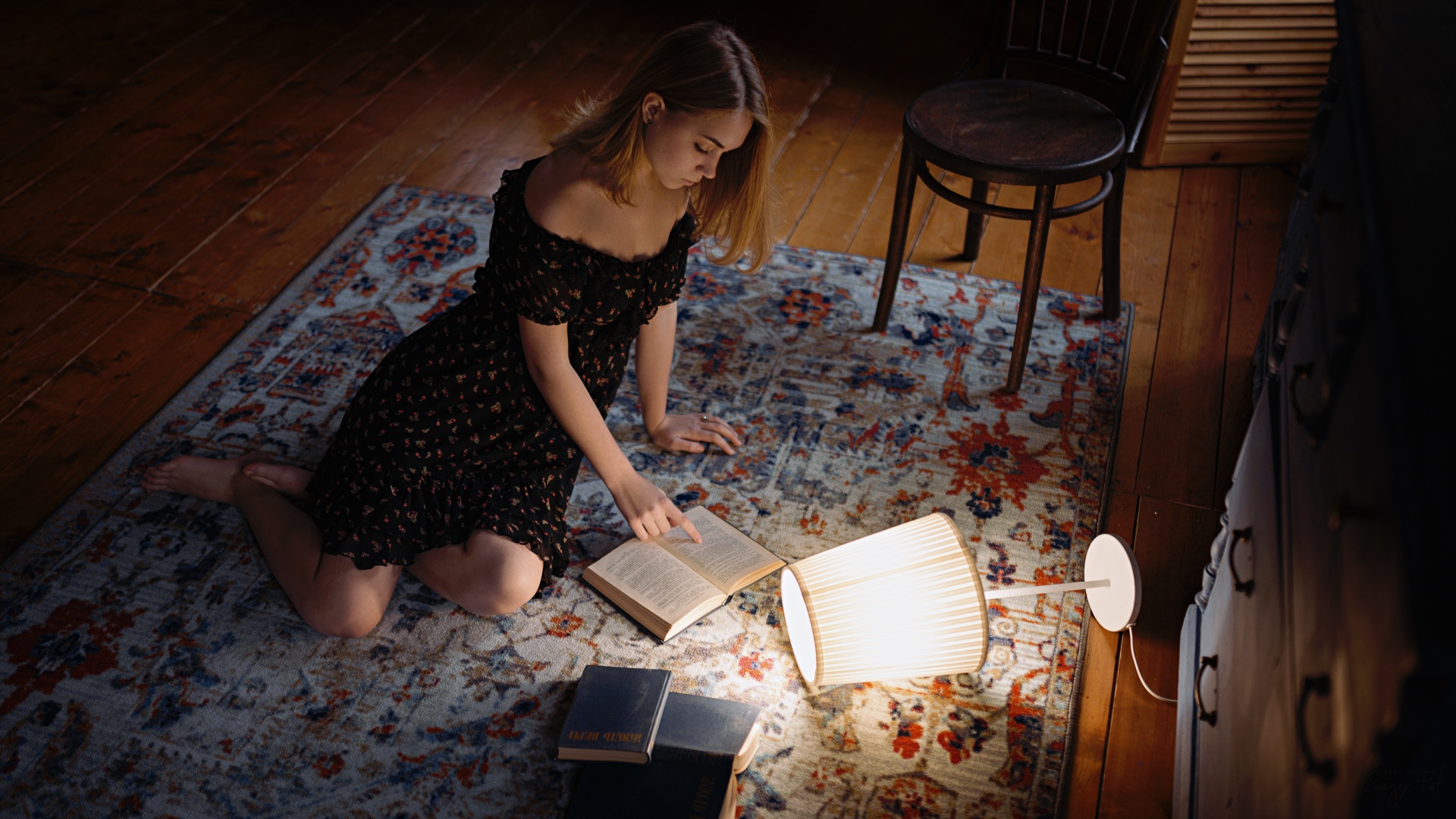 Women Model Brunette Indoors Portrait On The Floor Carpets Chair Lamp Books Reading Dress Bare Shoul 1920x1080