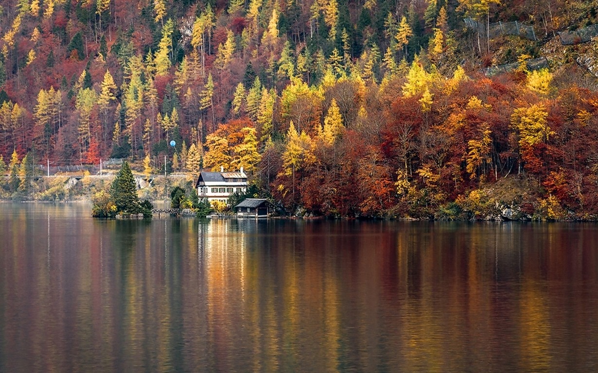 Nature Landscape Lake House Forest Hallstatt Austria Trees Fall Water Colorful 1230x768
