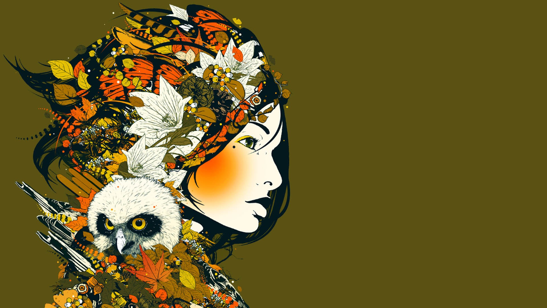 Album Covers Simple Background Women Animals Face DJ Okawari Brown Brown Background Owl Coffee 1920x1080