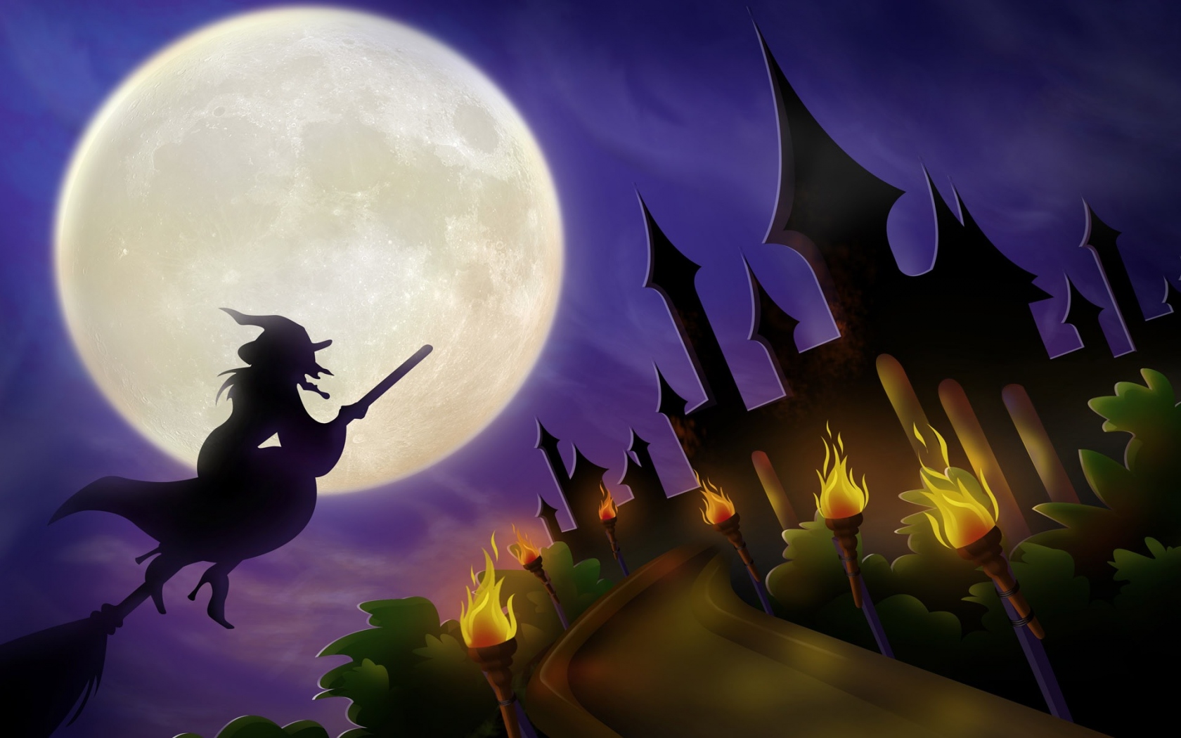 Vector Art Silhouette Halloween Moonlight Witch Witches Broom Castle Torches 1680x1050