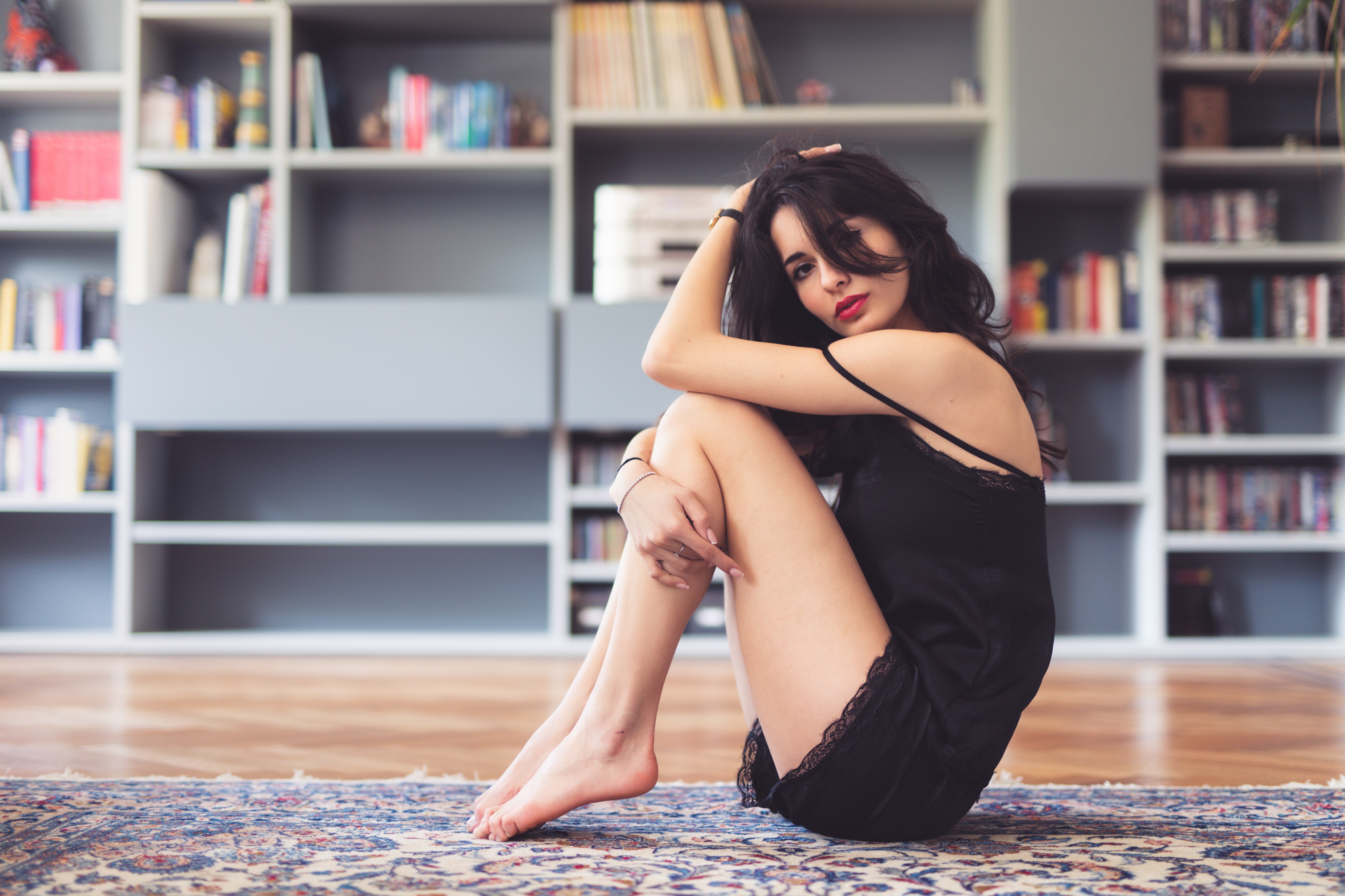 Women Model Dark Hair Brown Eyes Red Lipstick Hands In Hair Looking At Viewer Sitting Persian Carpet 5568x3712