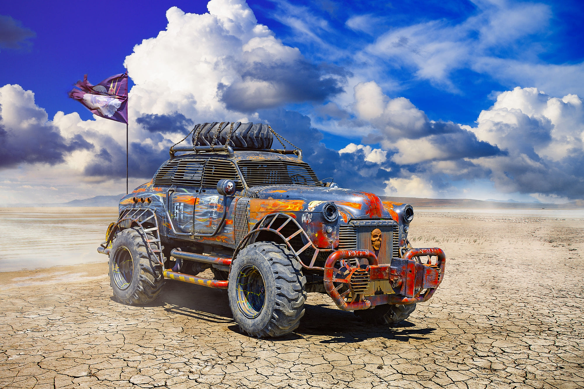 Car Desolate Landscape Apocalyptic Punk Flag Desert Sky Clouds Wheels Chains 4x4 Front Angle View 2000x1333