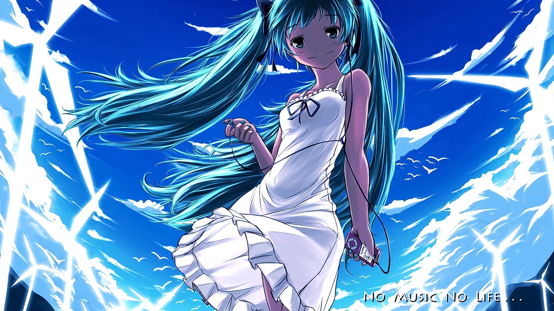 Anime Anime Girls Long Hair Aqua Hair Headsets 1920x1080