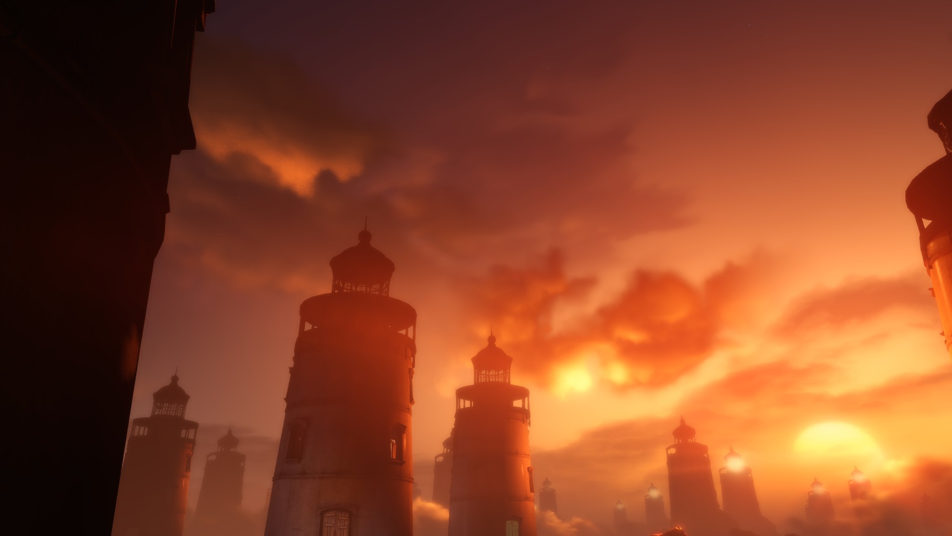 Elizabeth BioShock Sun Rays BioShock Infinite Burial At Sea Lighthouse Clouds Dock Landscape Video G 1920x1080