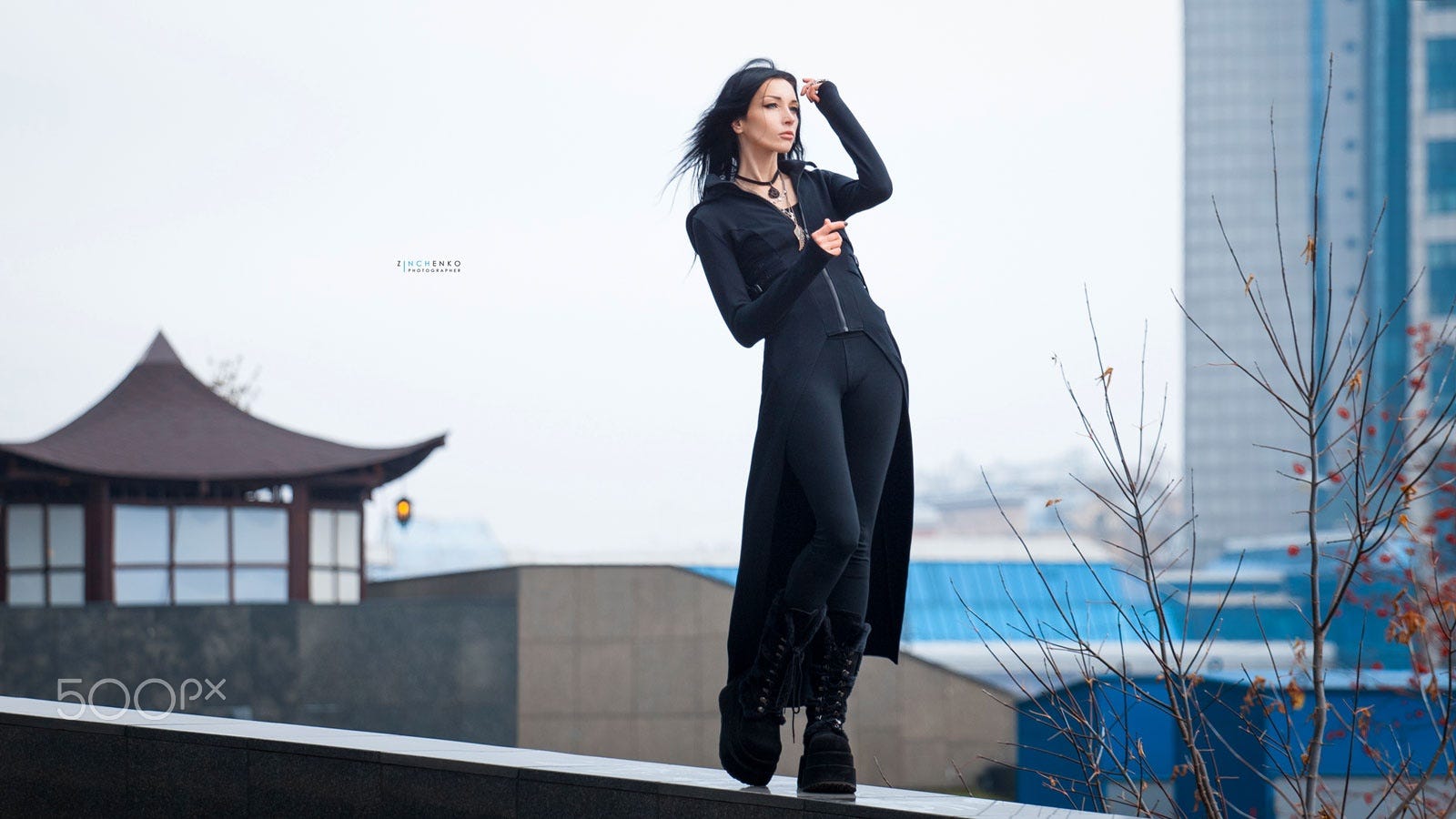 Irina Zinchenko Women Dark Hair Long Hair Wind Makeup Looking Away Black Clothing Jewelry Outdoors B 1600x900