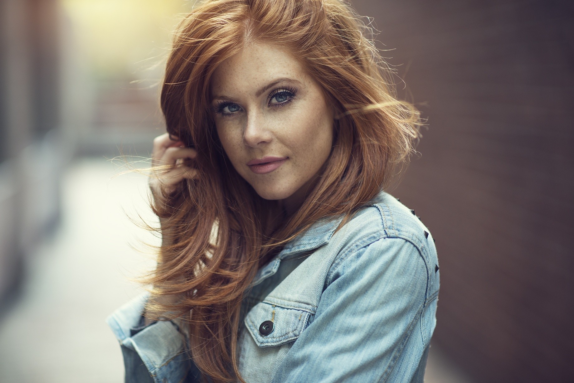 Women Face Portrait Redhead Blue Eyes Dani Diamond Denim Freckles Vanessa Jade Jeans Jacket Touching 1840x1228