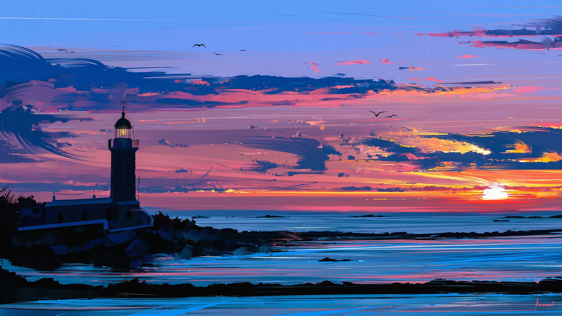 Artwork Aenami Vector Colorful Lighthouse Coast Drawing Digital Art 1920x1080