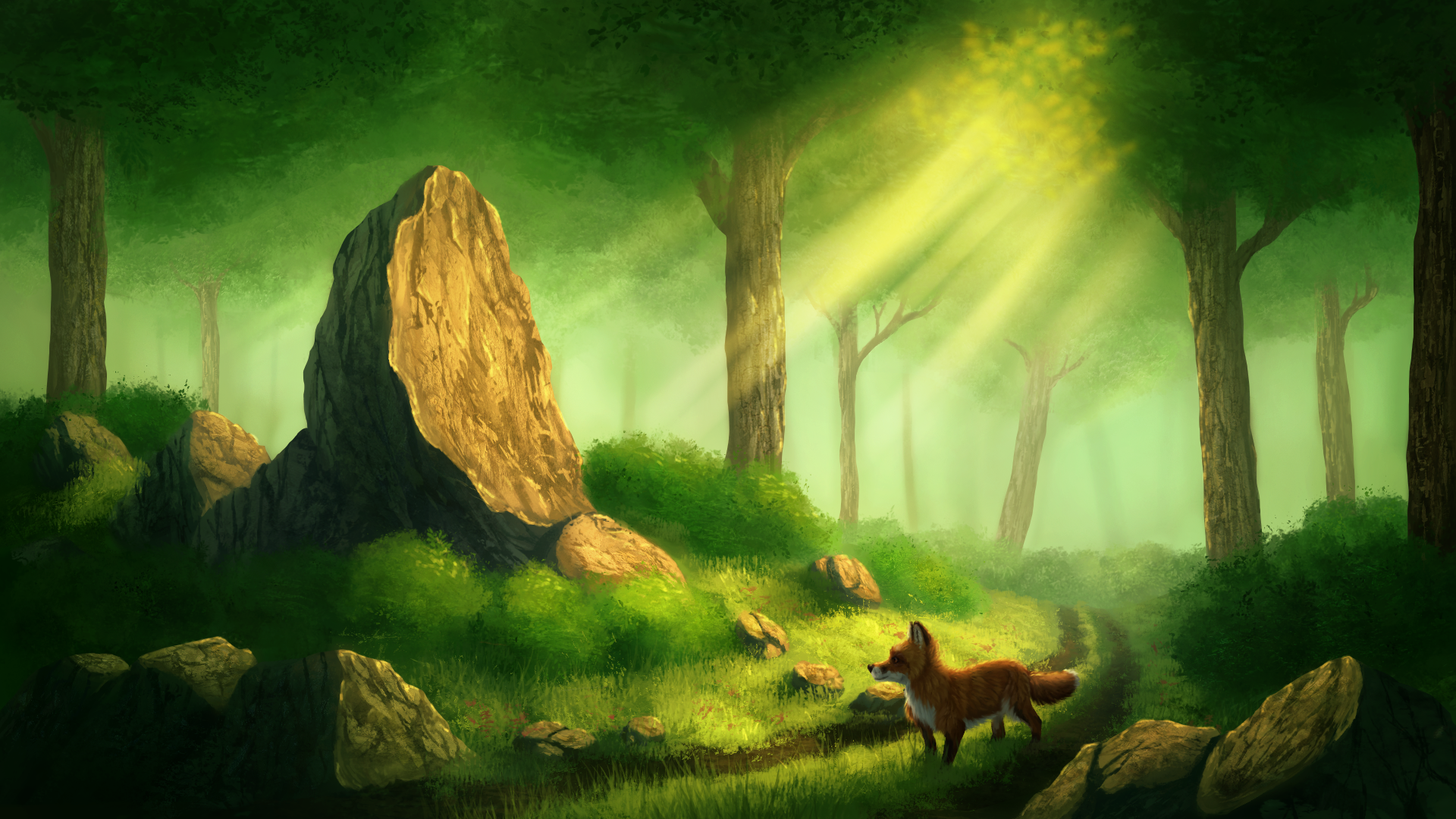 Landscape Digital Art Artwork Trees Forest Rock Animals Fox Grass Sun Rays Dappled Sunlight Fairy Ta 1920x1080