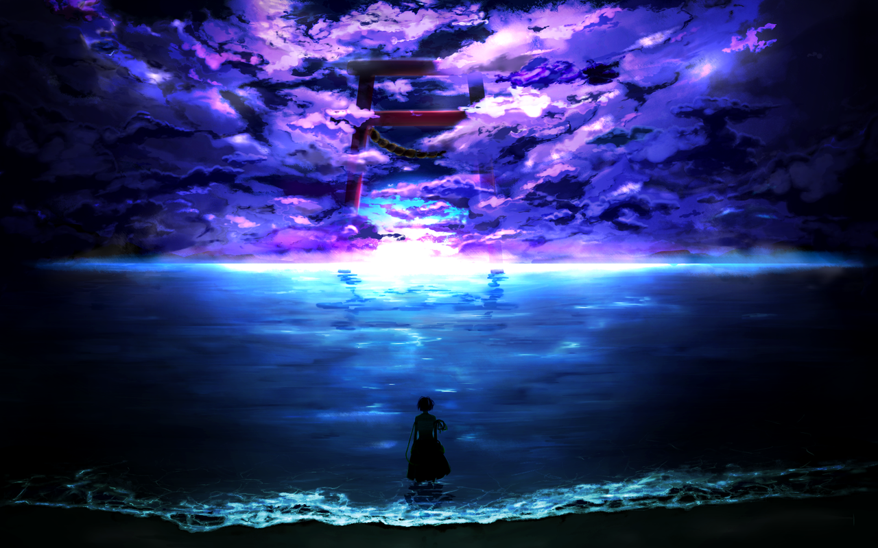 Sea Purple Background Torii Alone Alone In The Dark Purple Low Tide Calm Waters 1280x800