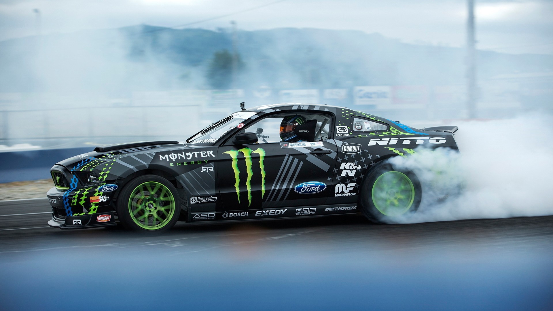 Ford Mustang Car Vehicle Monster Energy Race Cars Colored Wheels 1920x1080