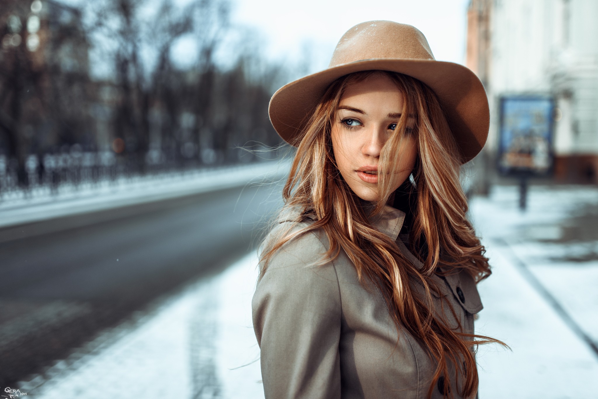 Women Auburn Hair Long Hair Hat Winter Snow Blue Eyes Looking Away Trench Coat Grey Coat Looking Int 2048x1367