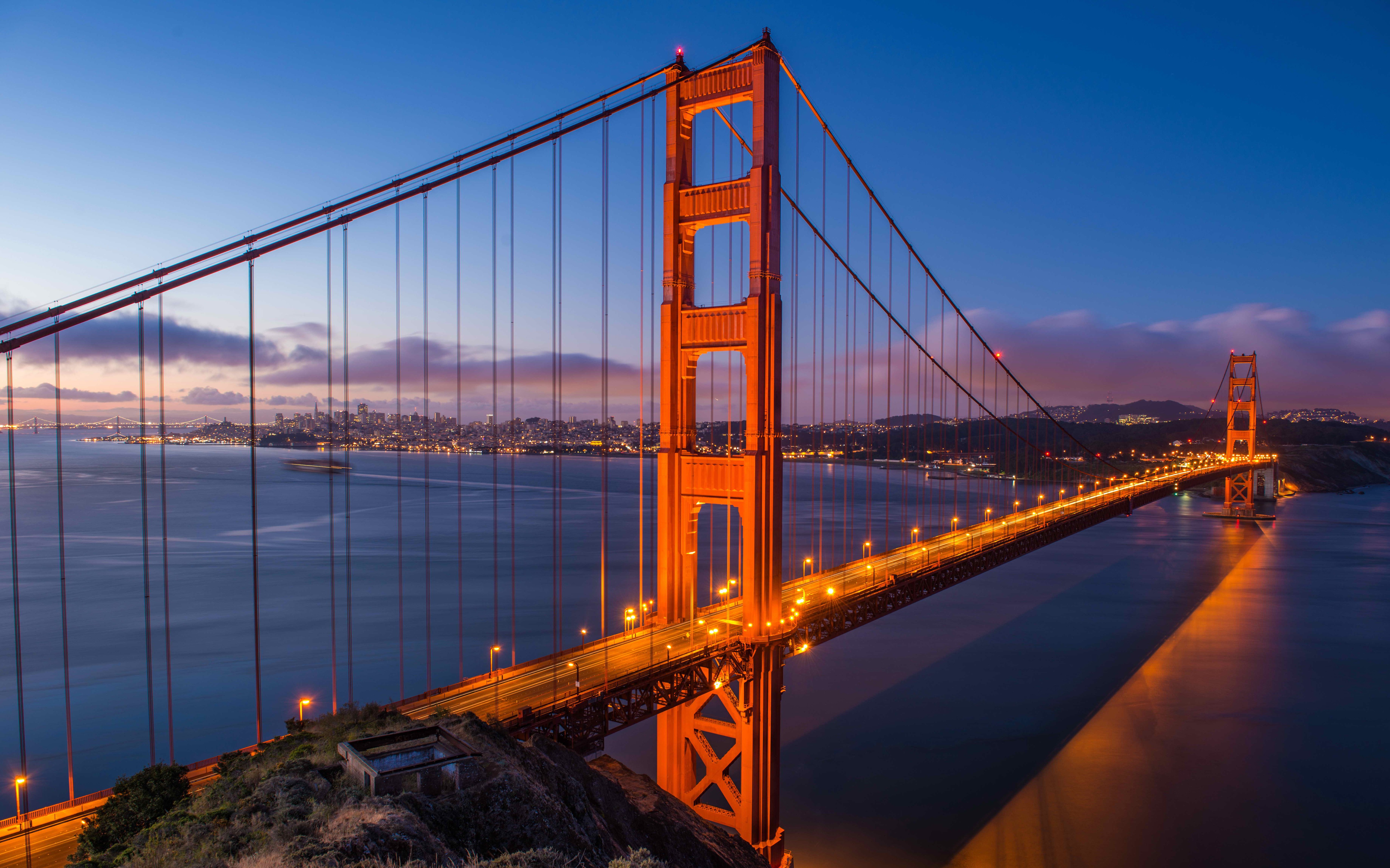 San Francisco USA Bridge Sunset Golden Gate Bridge Lights 5120x3200