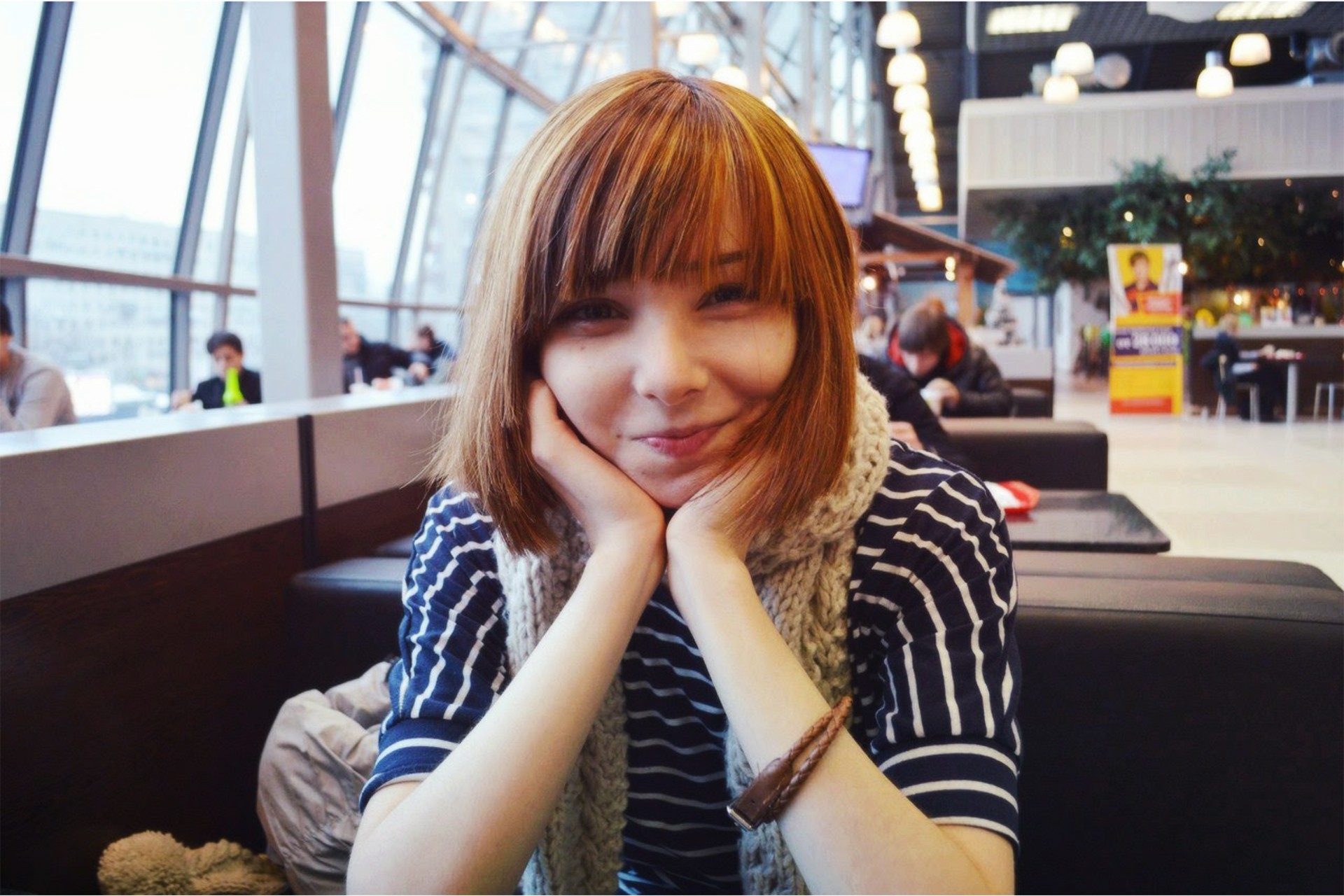 Katya Lischina Closeup Smiling Scarf Redhead Stripes Restaurant Looking At Viewer Women Face Russian 1920x1280