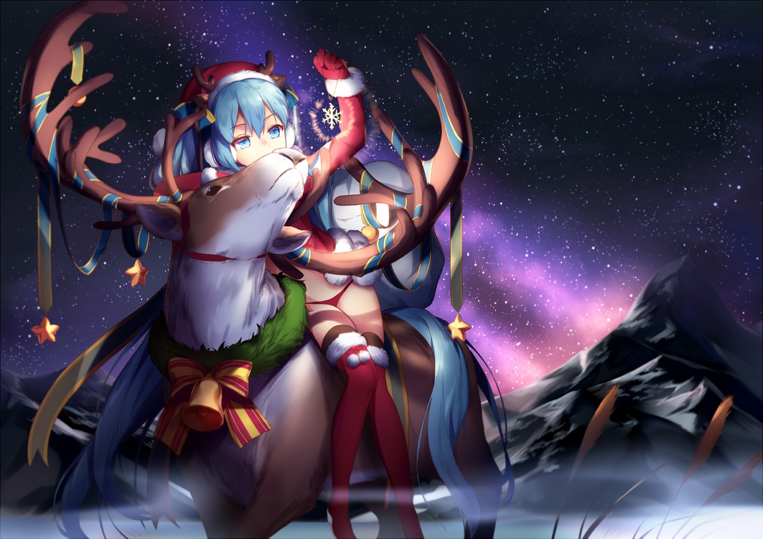 Christmas Animals Aqua Eyes Aqua Hair Bell Ear Muffs Horns Long Hair Reindeer Santa Hats Sky Stars T 1500x1060