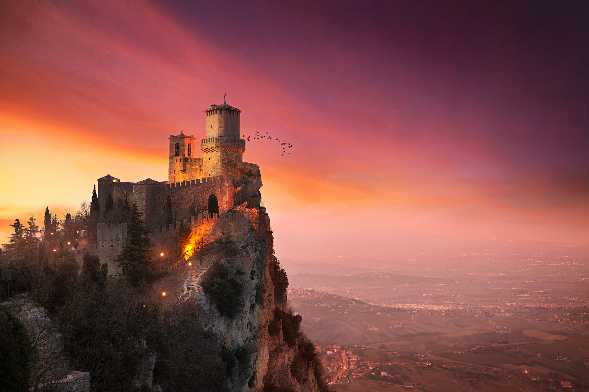 Architecture Castle Nature Landscape Trees San Marino Rock Hills Town Tower Sunset Clouds House Bird 2048x1365