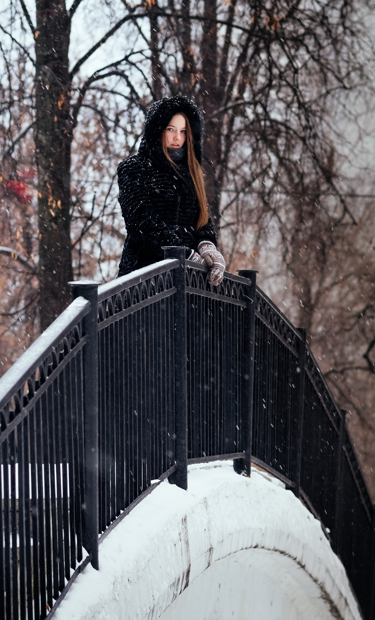 Women Model Brunette Looking At Viewer Women Outdoors Bridge Mittens Snow Winter Black Coat Gloves C 1239x2048