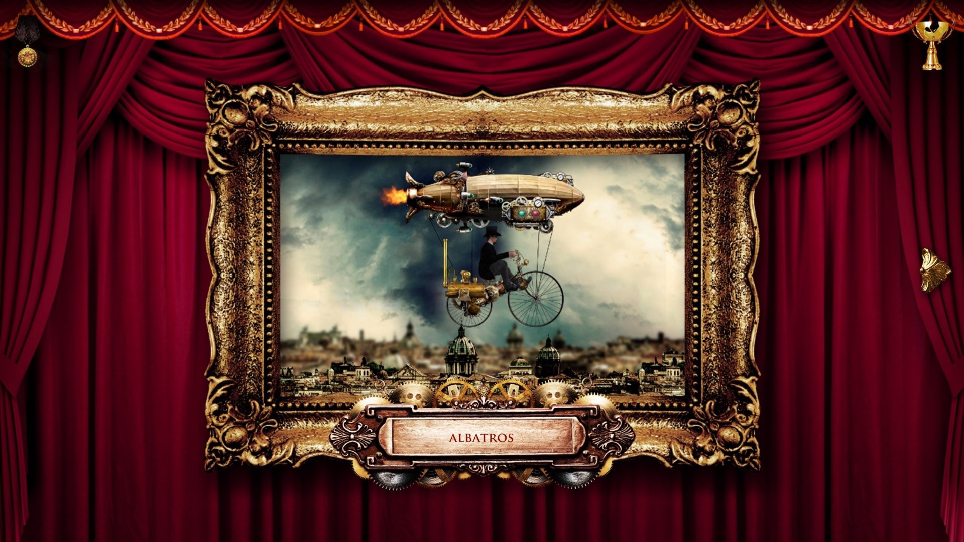 Steampunk Gears Metal Zeppelin Bicycle Men Curtain Picture Frames Cityscape Florence Flying 1920x1080