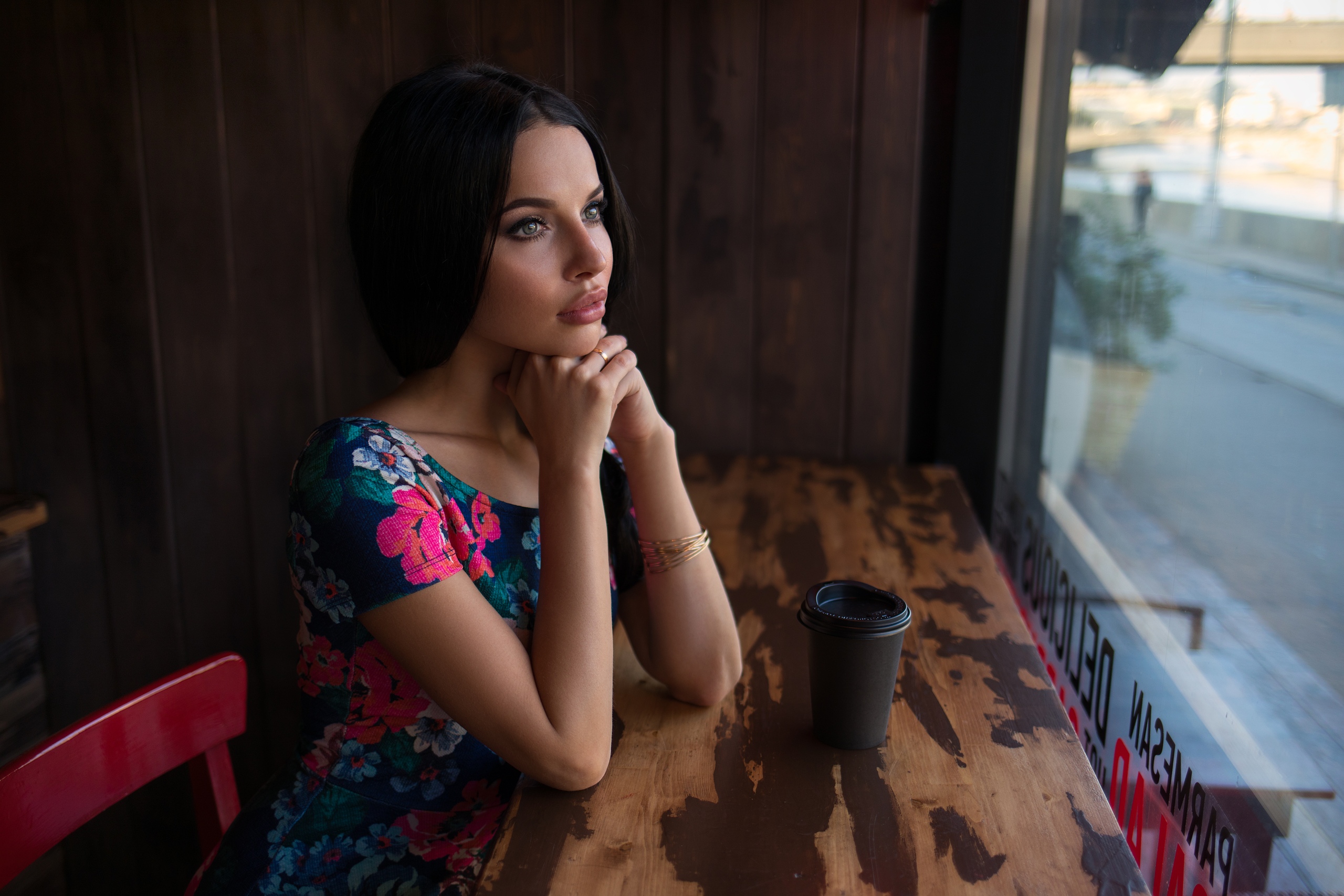 Women Portrait Sitting Dress Chair Window Black Hair Flower Dress Looking Out Window Thinking 2560x1707