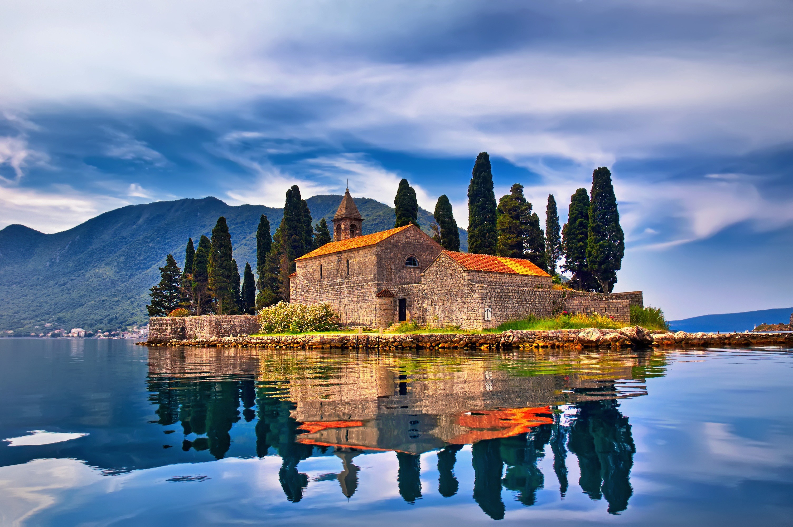 Architecture Old Building Ancient Montenegro Island Landscape Mountains Clouds Nature Trees Church R 3008x2000