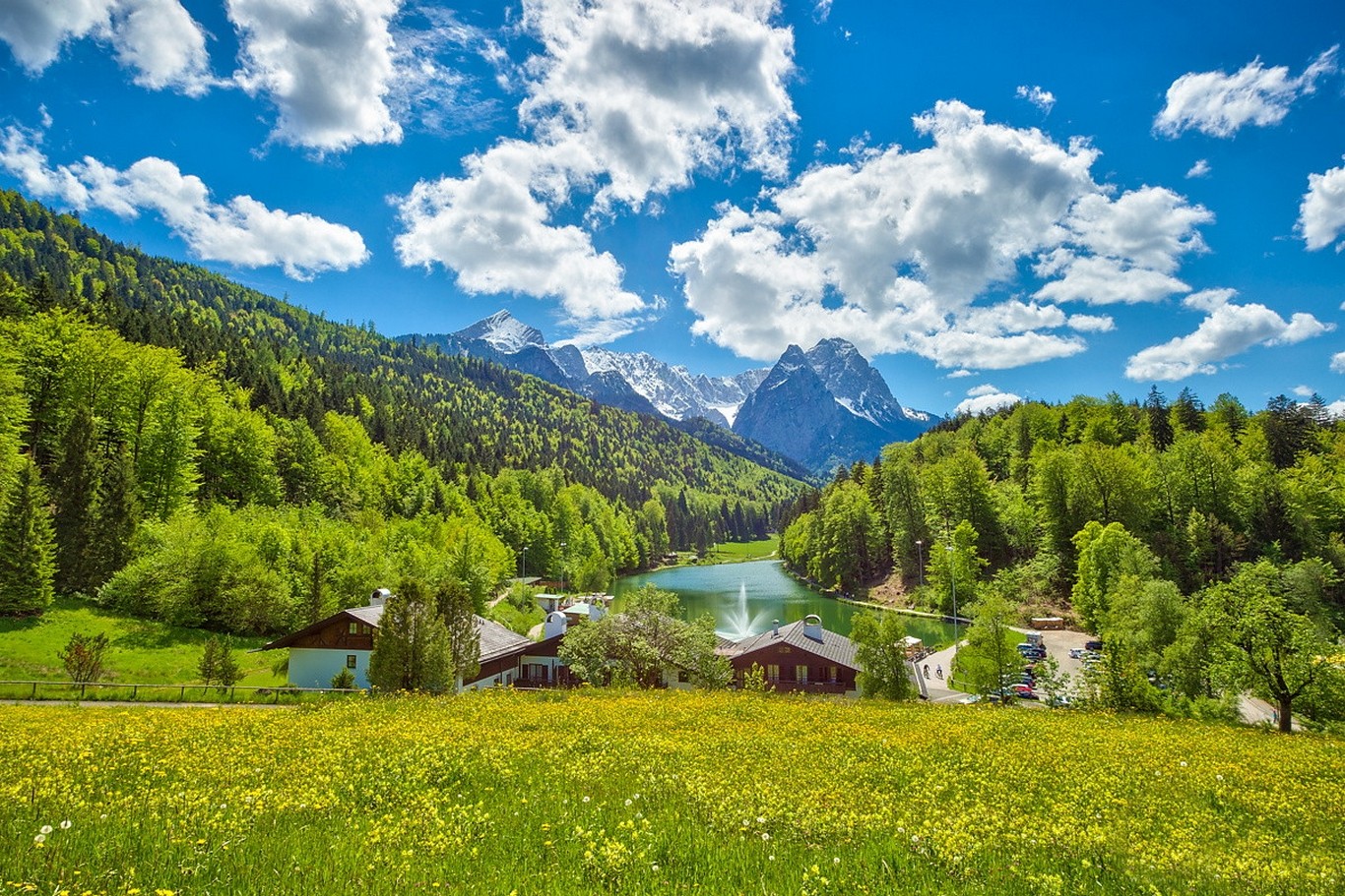 Lake Germany Summer Clouds Green House Wildflowers Mountains Forest Nature Landscape Field 1366x911