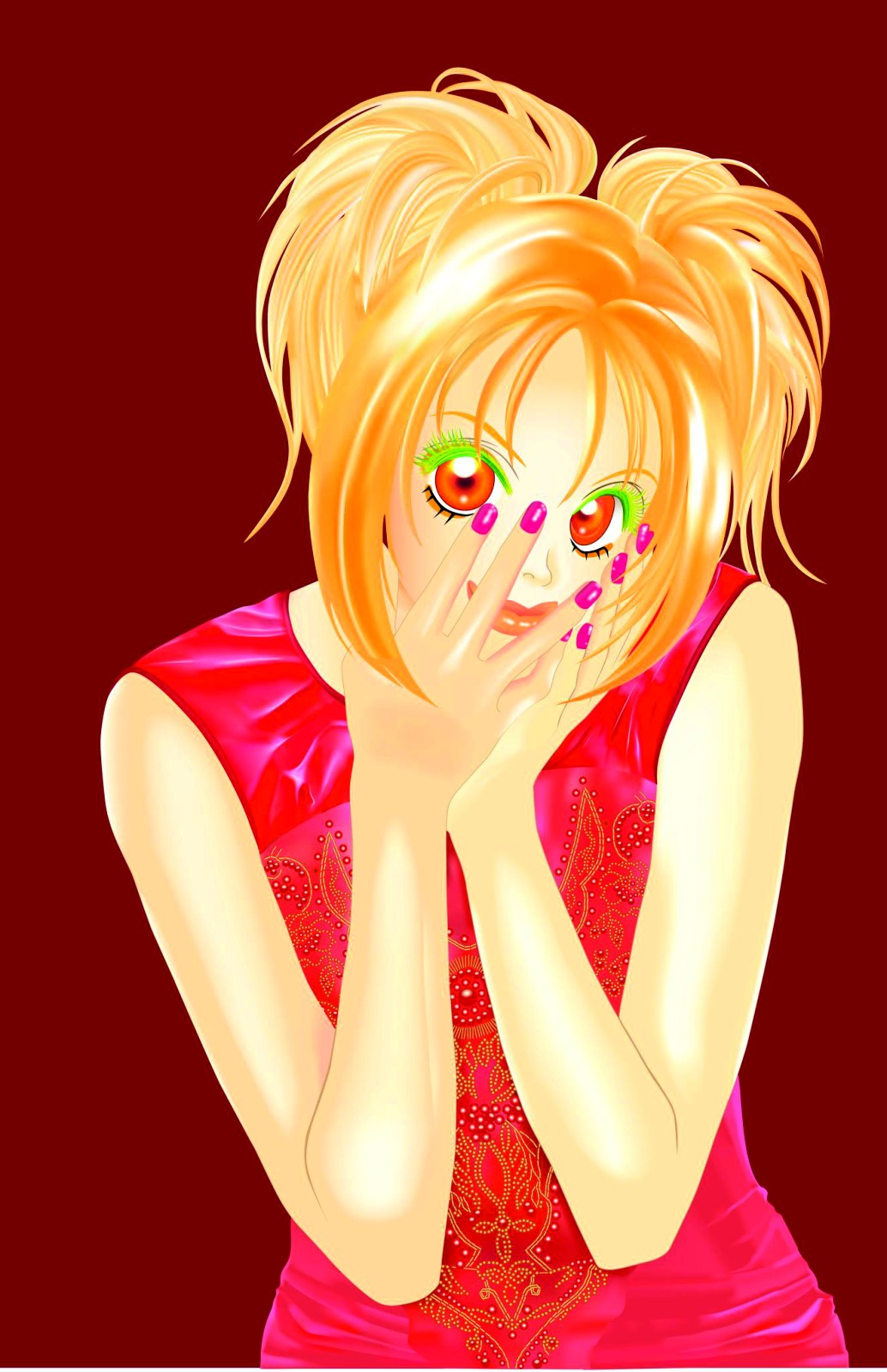 Anime Girls Painted Nails Red Eyes Red Background Blonde Anime 1034x1600