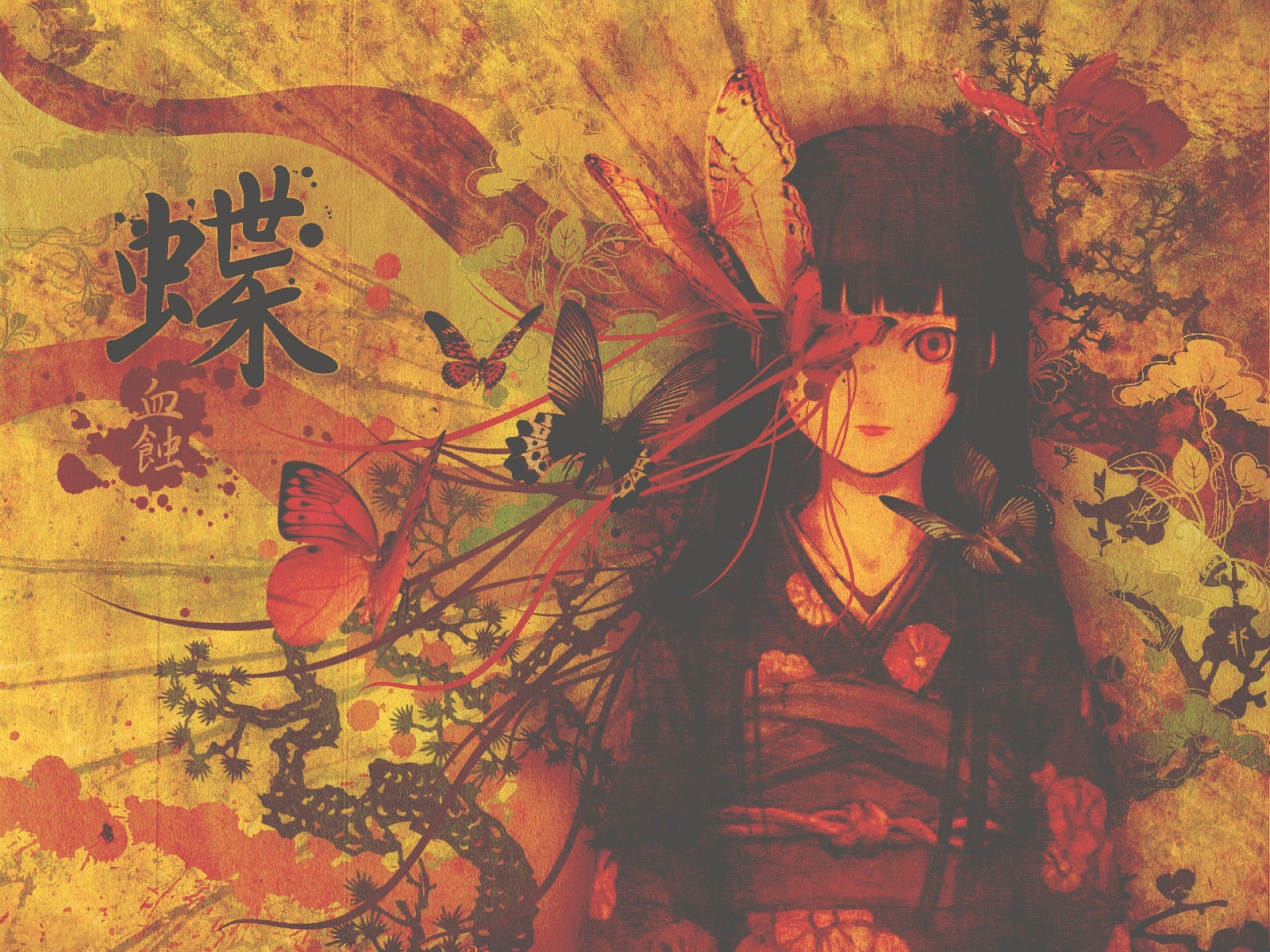 Anime Anime Girls Fall Frontal View Jigoku Shoujo Enma Ai Butterflies Kanji Fantasy Girl 2560x1920