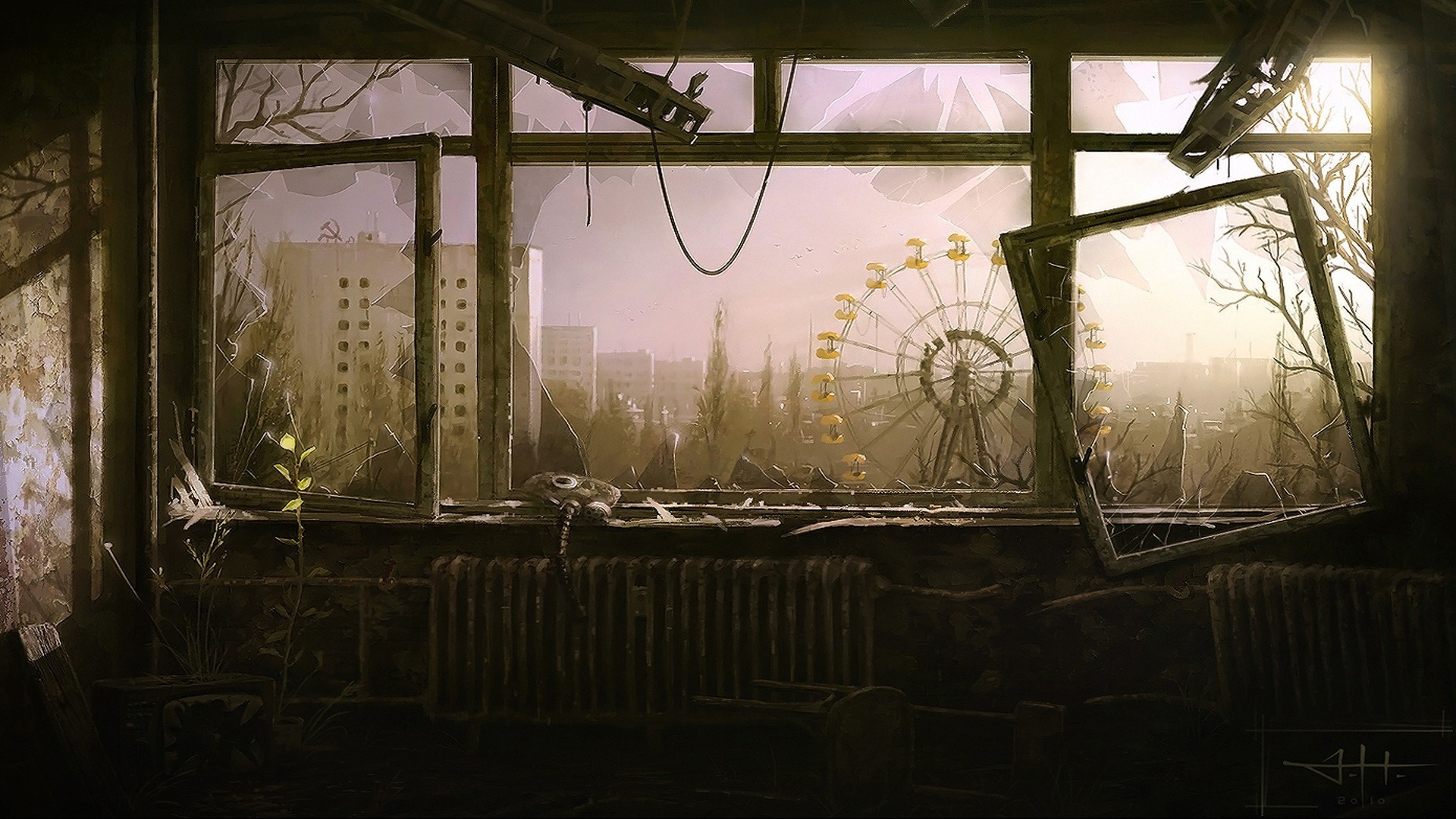 Artwork Chernobyl Abandoned Ferris Wheel Broken Glass Sunlight Apocalyptic Ruins Pripyat 1920x1080