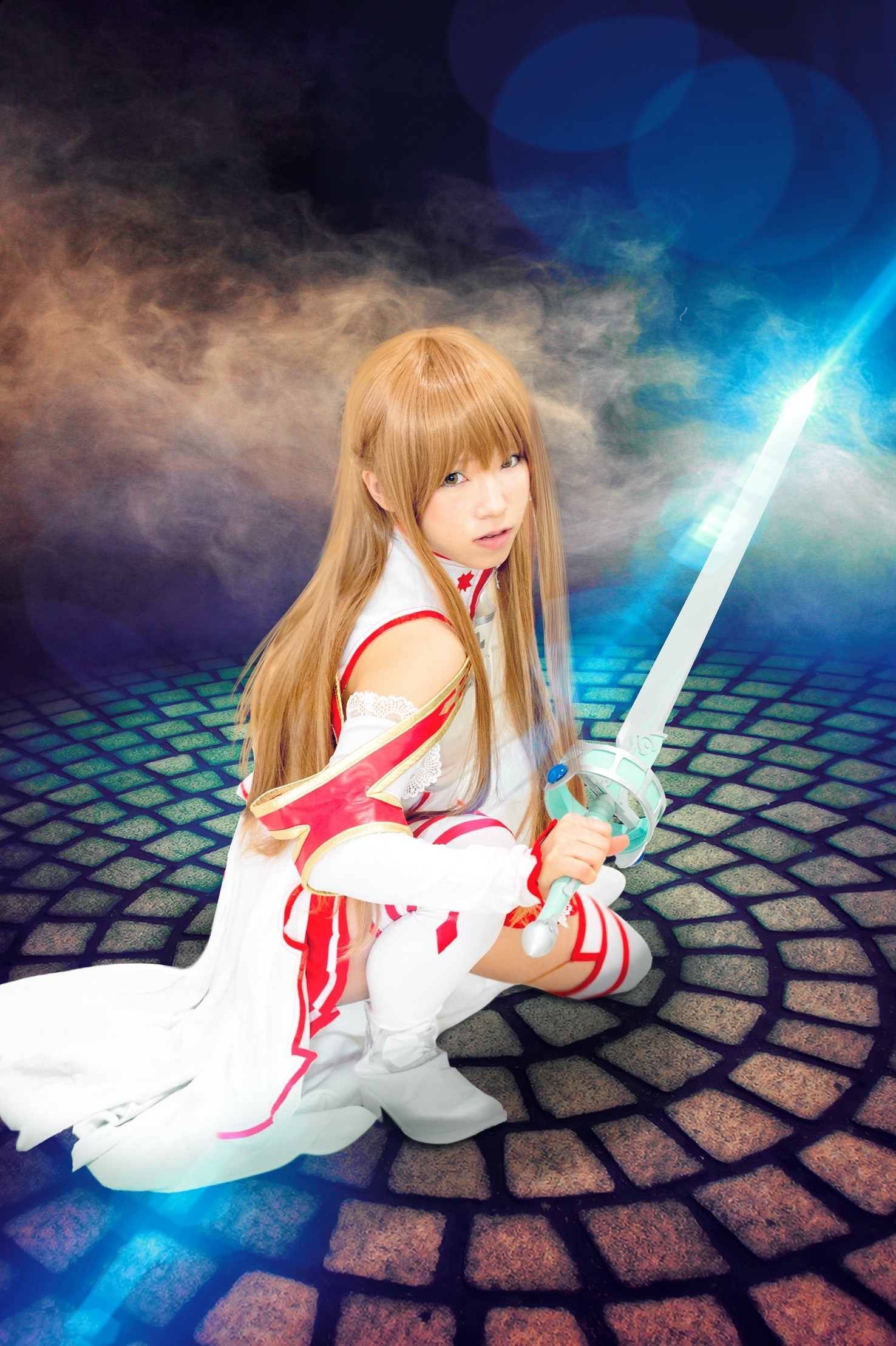 Sword Art Online Yuuki Asuna Cosplay Asian Women Blonde Long Hair Brown Eyes Sword Sitting Thigh Hig 1476x2218