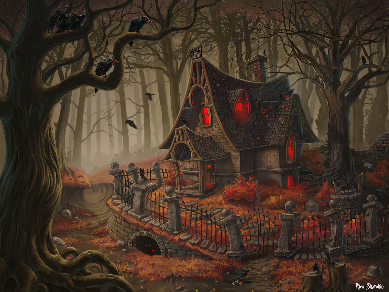 Fantasy Artistic House Haunted House Forest Halloween Fence 1639x1229