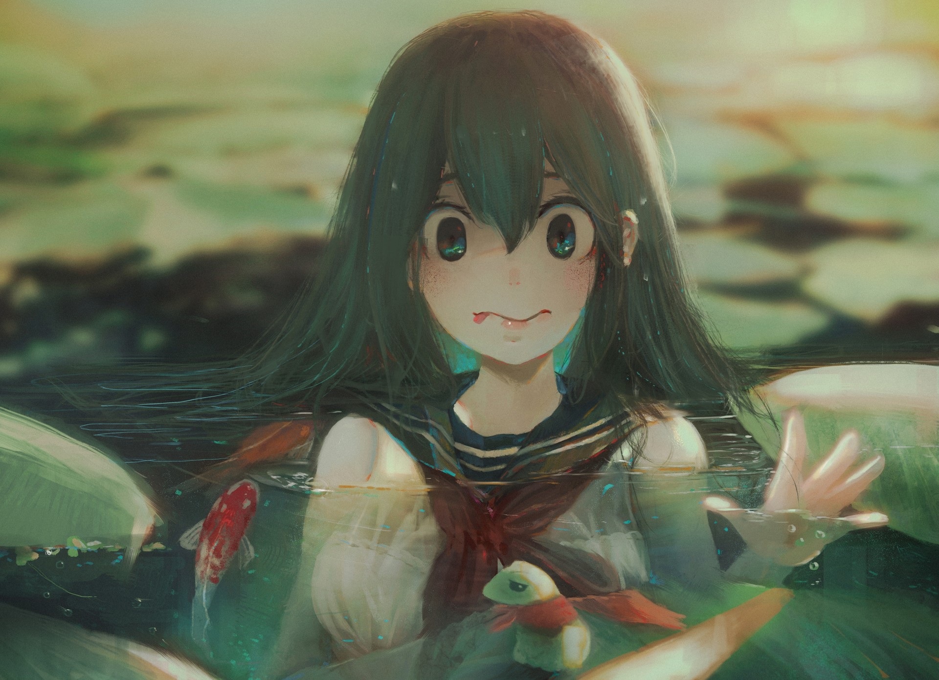 Anime Girls Sailor Uniform Water Women Long Hair Fish Koi Artwork Digital Art Anime Pond Boku No Her 1920x1391