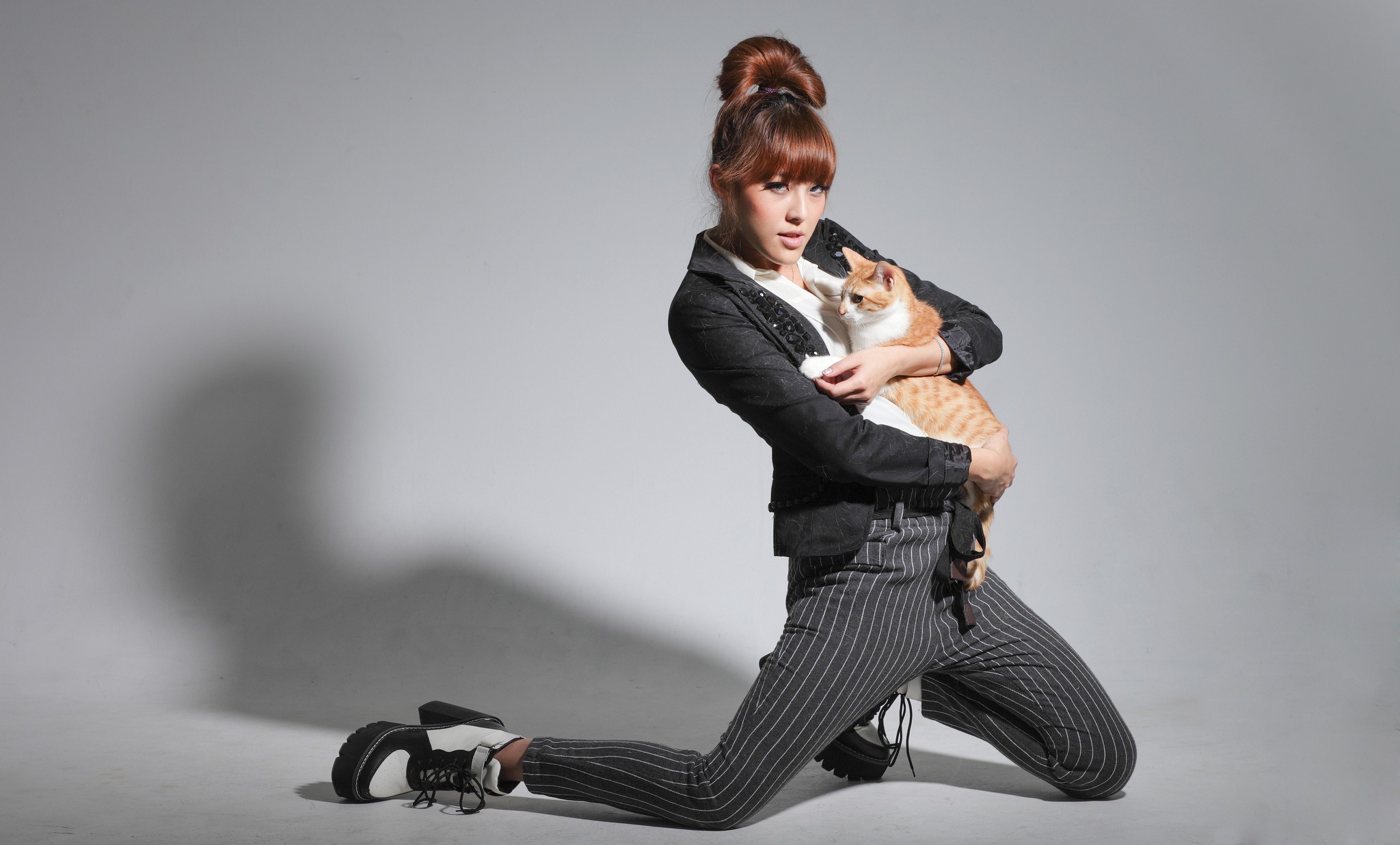 Women Asian Redhead Women With Cat Boots Black Clothing Striped Clothing 2048x1236