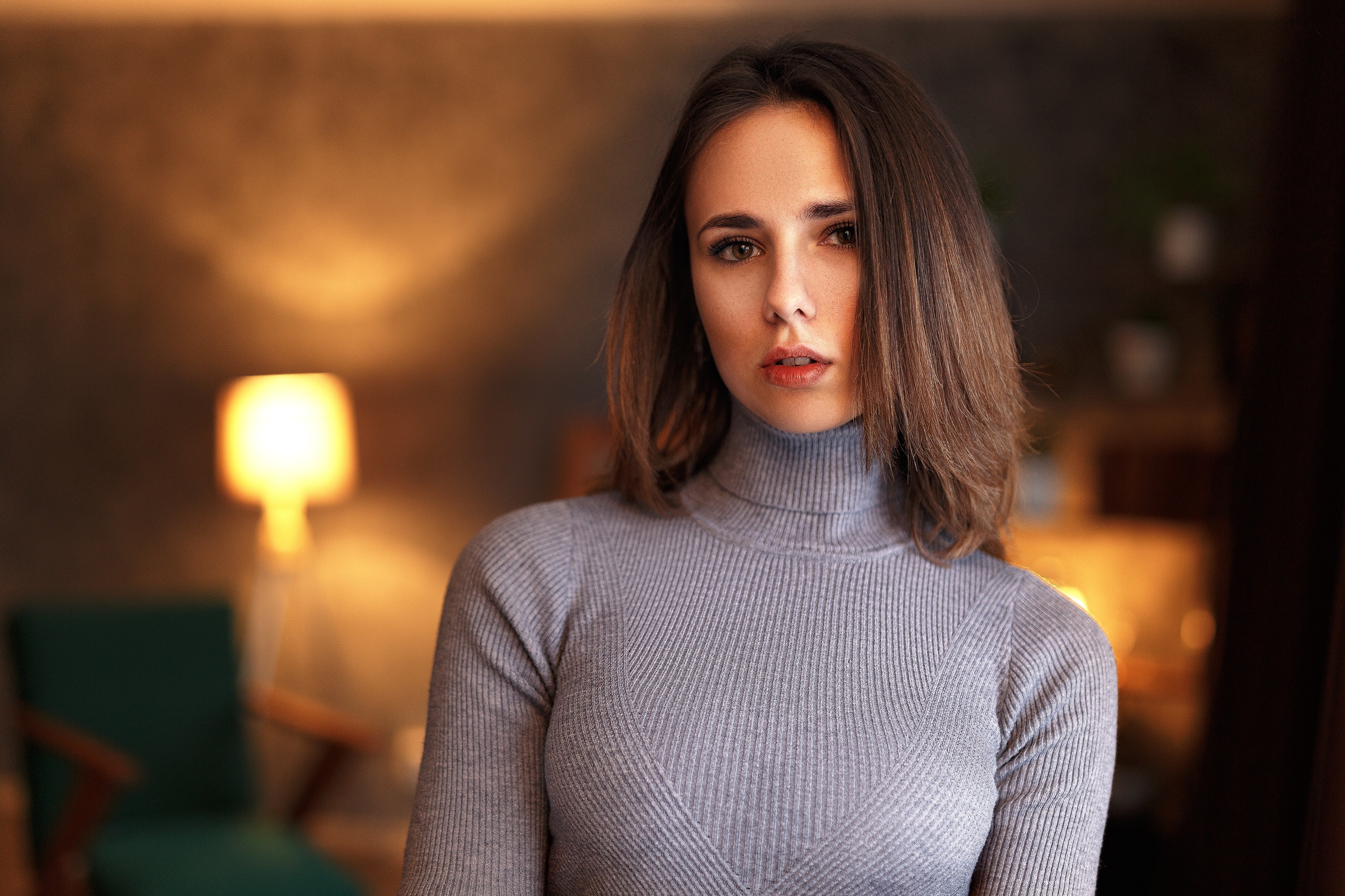 Women Model Women Indoors Portrait Grey Sweater Brunette Long Hair Turtlenecks 2560x1707