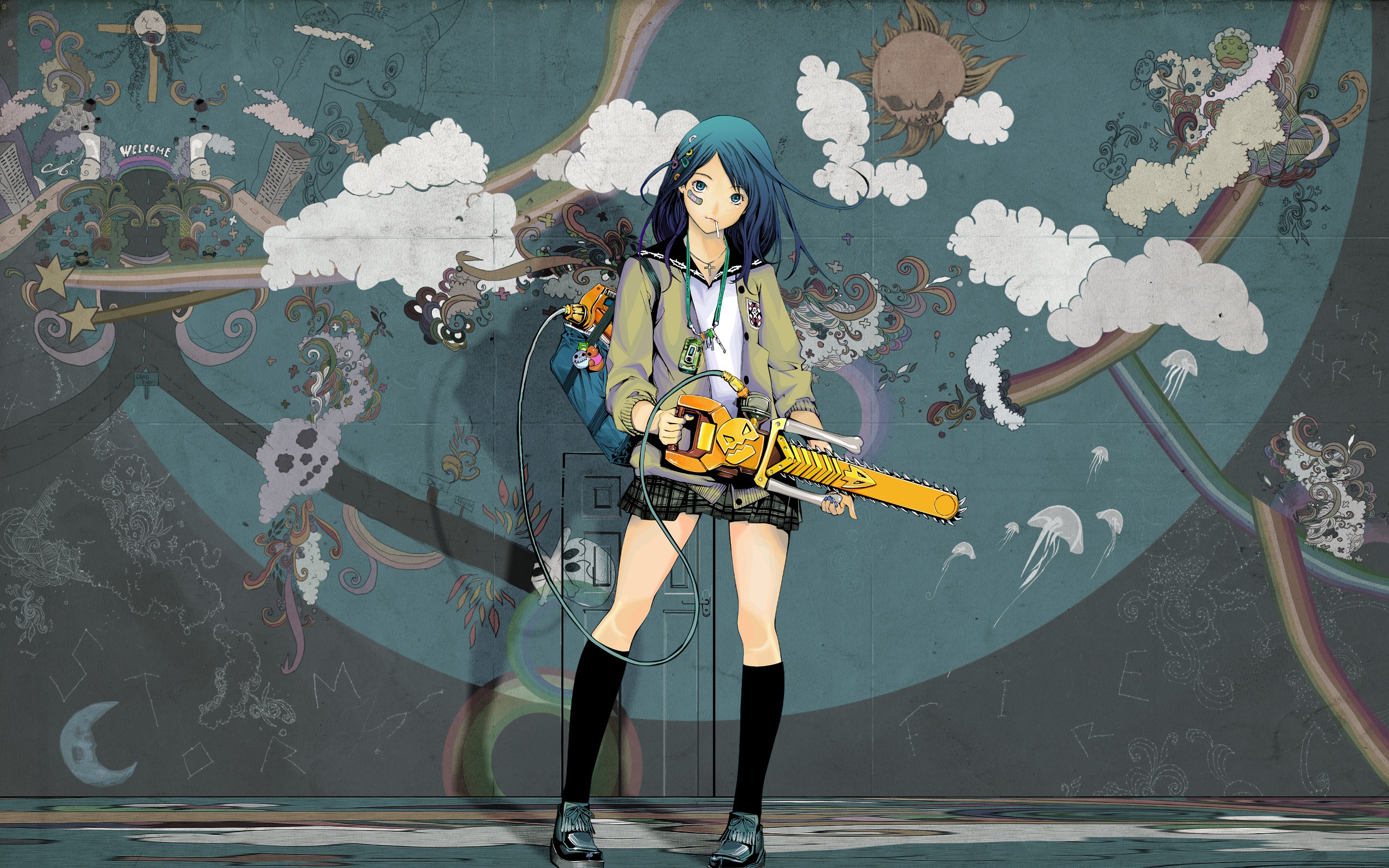 Anime Anime Girls Original Characters Clouds Blue Hair Cyan Hair 2560x1600