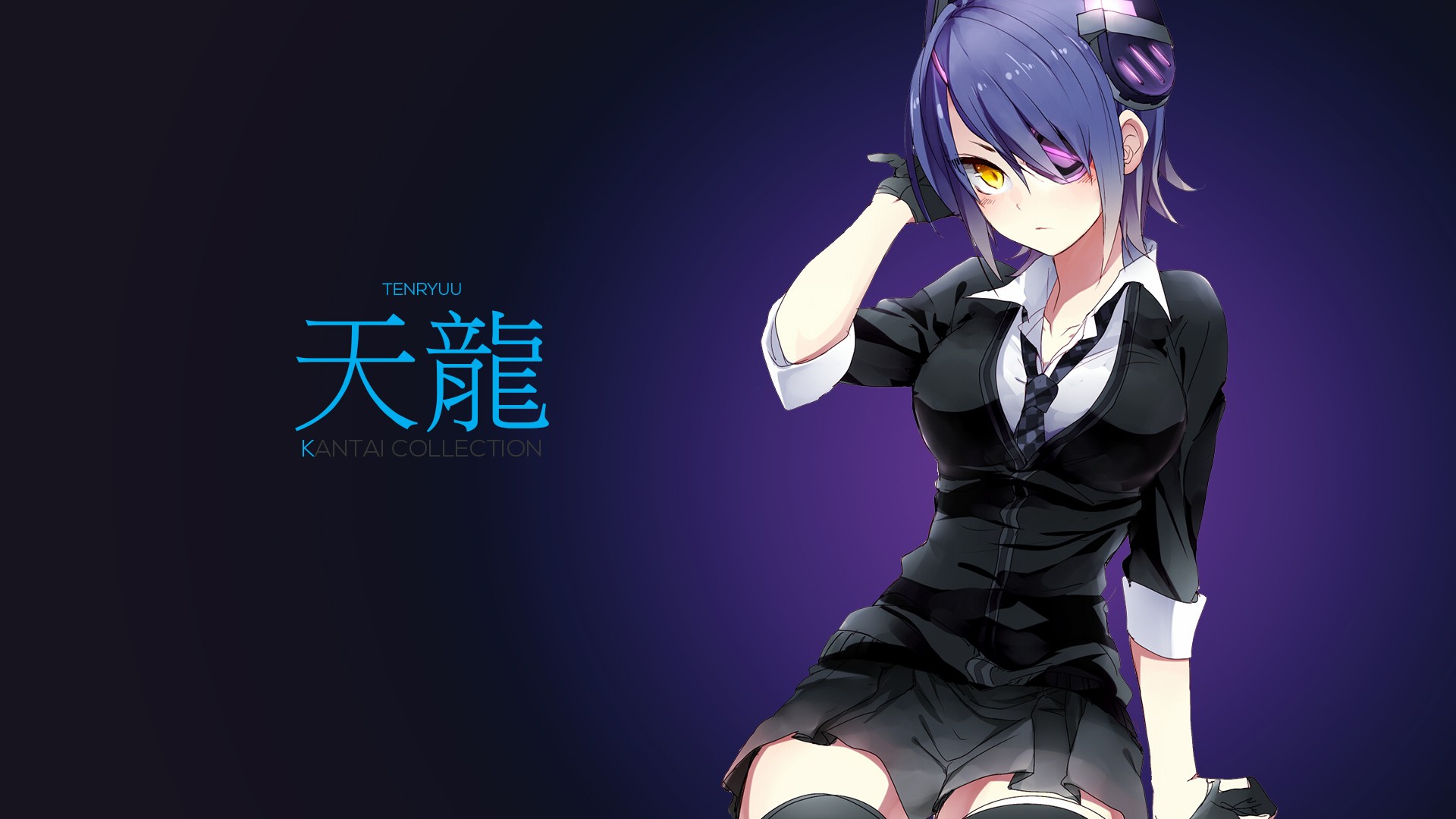Tenryuu KanColle Kantai Collection Purple Background Japanese Characters Tie Anime 1920x1080