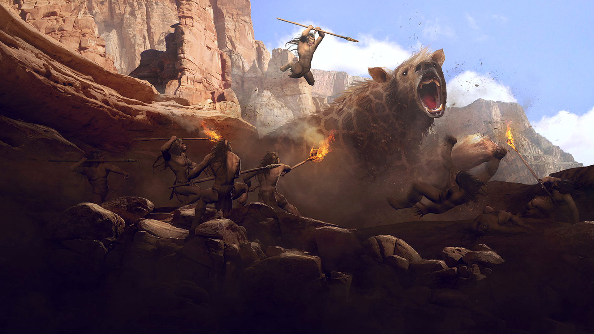 Guillem H Pongiluppi Artwork Digital Art Hyenas Giant Creature Spear Fire Torches Battle Mountains P 1920x1080