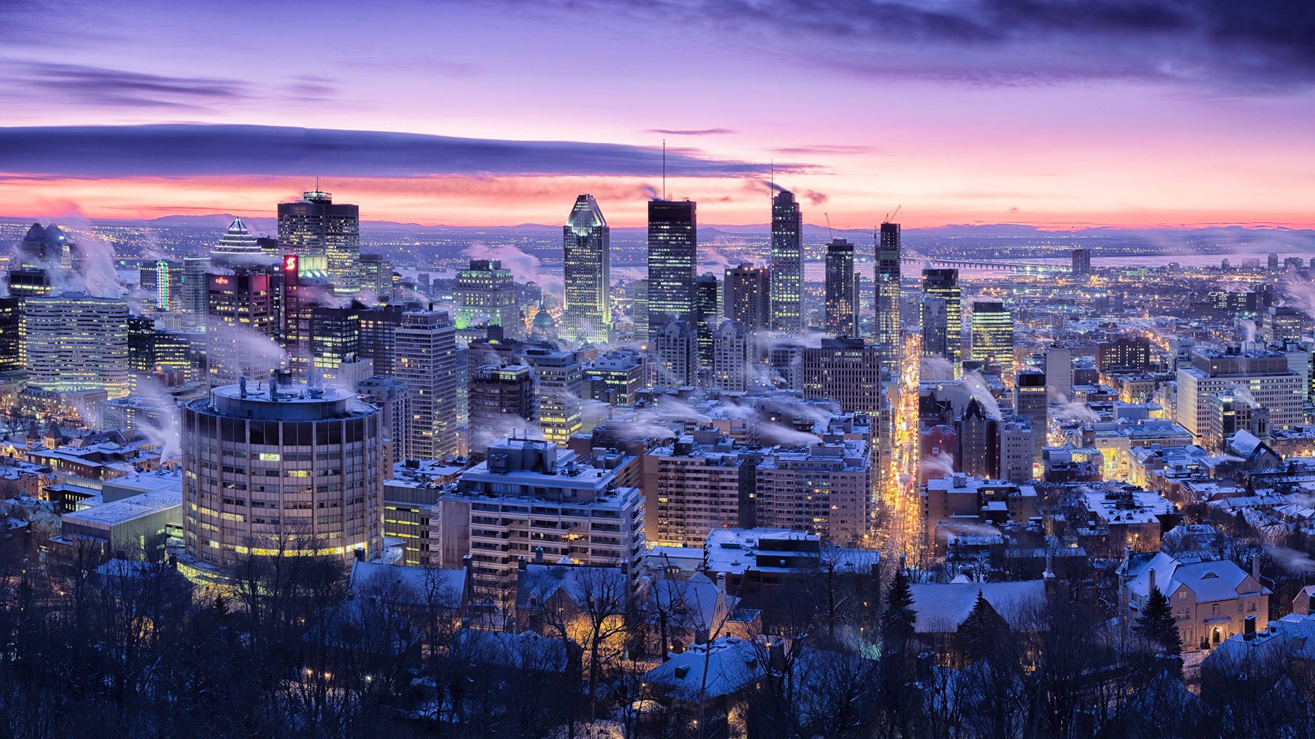 Long Exposure Night Photography Architecture Winter Montreal Cityscape Sky 1920x1080