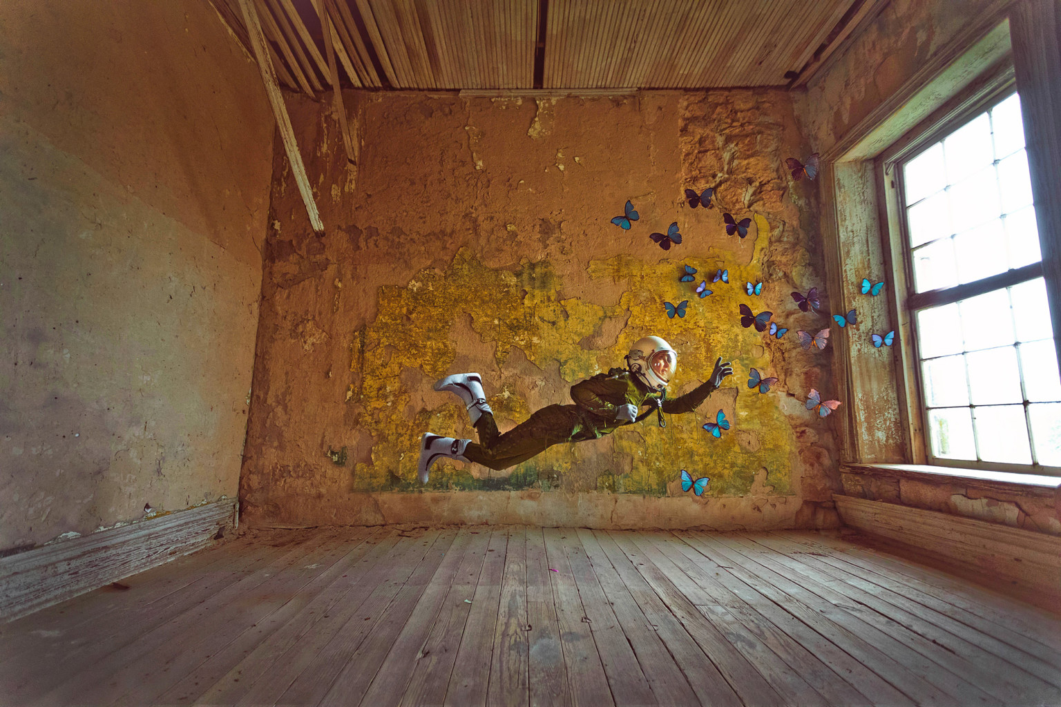 Astronaut Spacesuit Helmet Butterflies Floating Interior Fantasy Art Abandoned Room Empty Alone Wome 1536x1024
