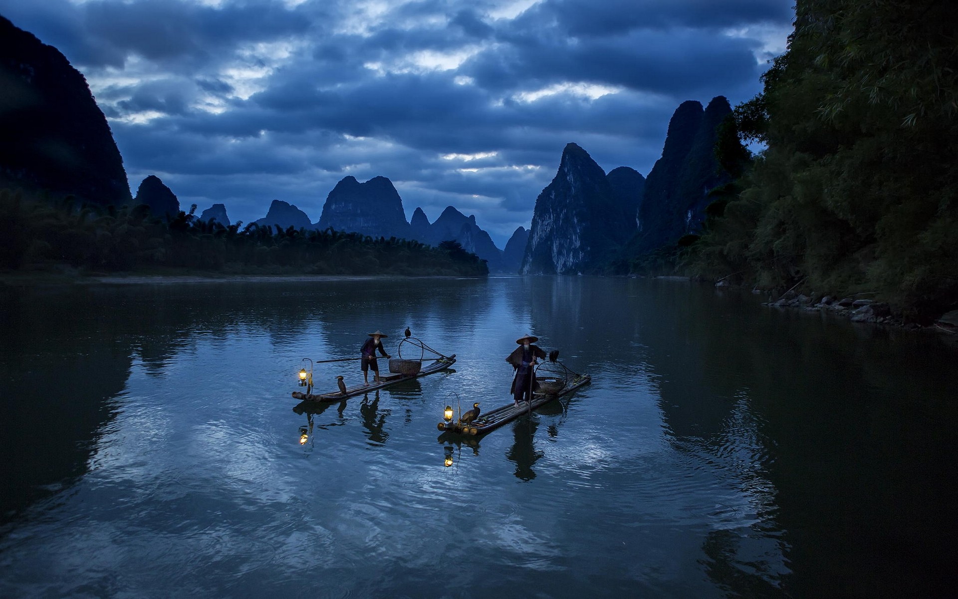 Landscape Nature River Hills Clouds Trees Fisherman Boat Lantern Water China 1920x1200