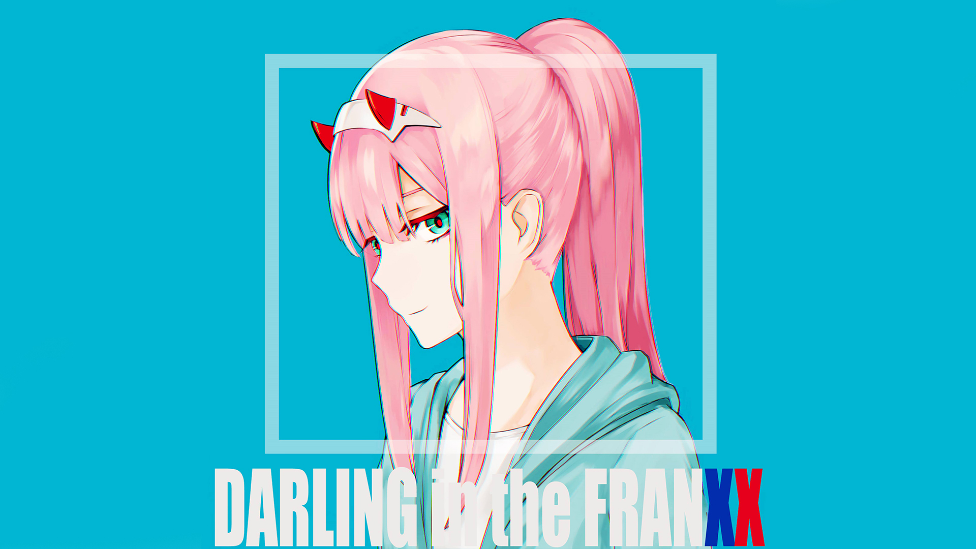 Zero Two Darling In The FranXX Darling In The FranXX Blue Background Text Pink Hair Blue Eyes Lookin 1920x1080