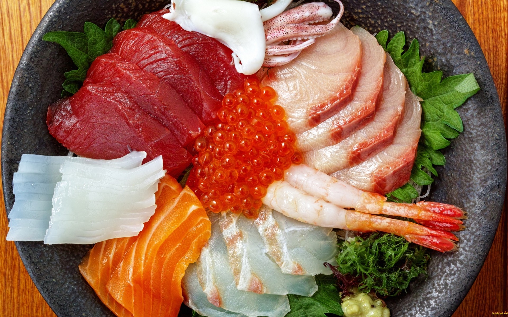 Sashimi Seafood Food Vegetables Caviar Fish Salmon Tuna Shrimp Squids 1920x1200