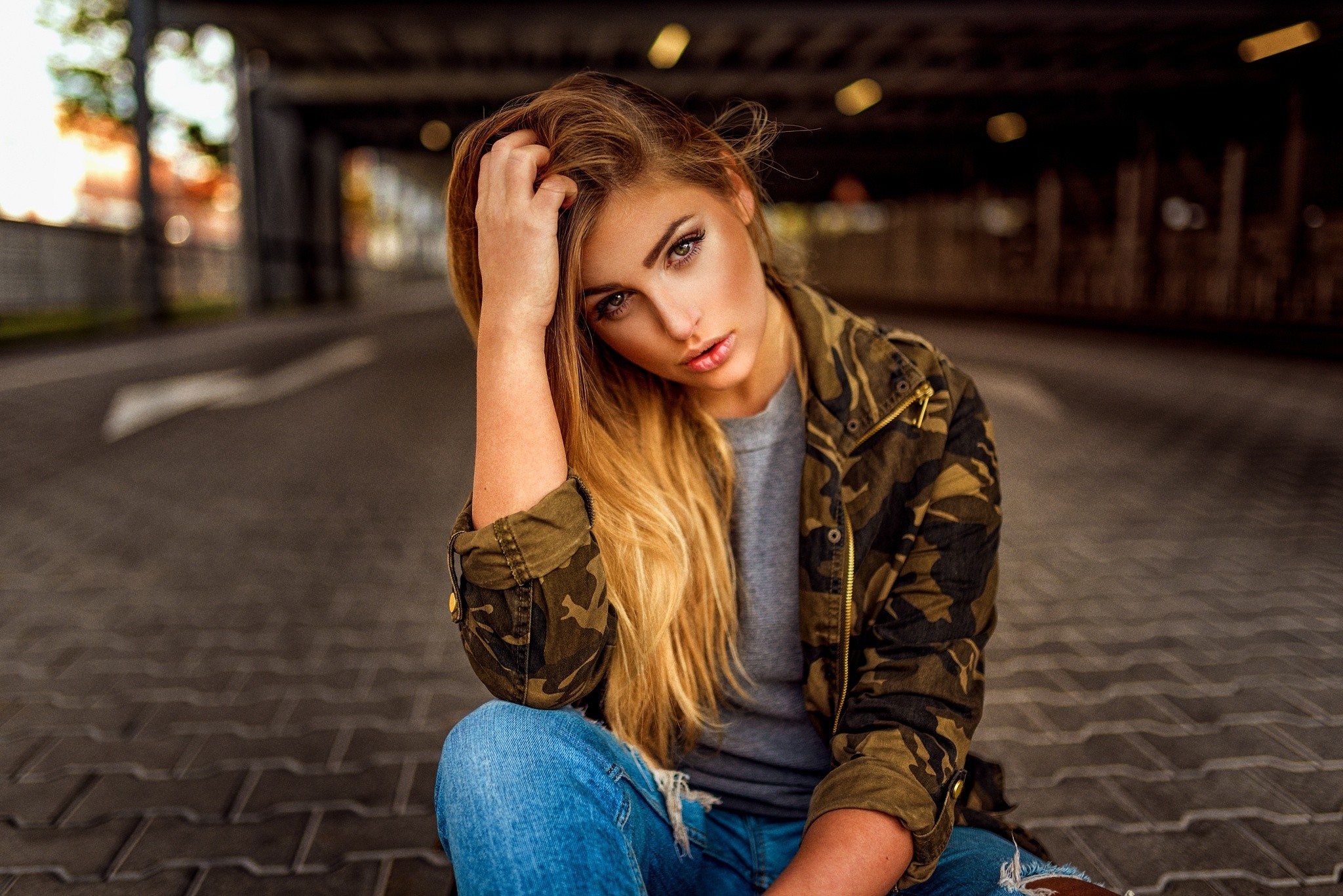 Women Sitting Blonde Portrait Pants Torn Jeans Hands On Head Miro Hofmann T Shirt Jacket 2048x1367