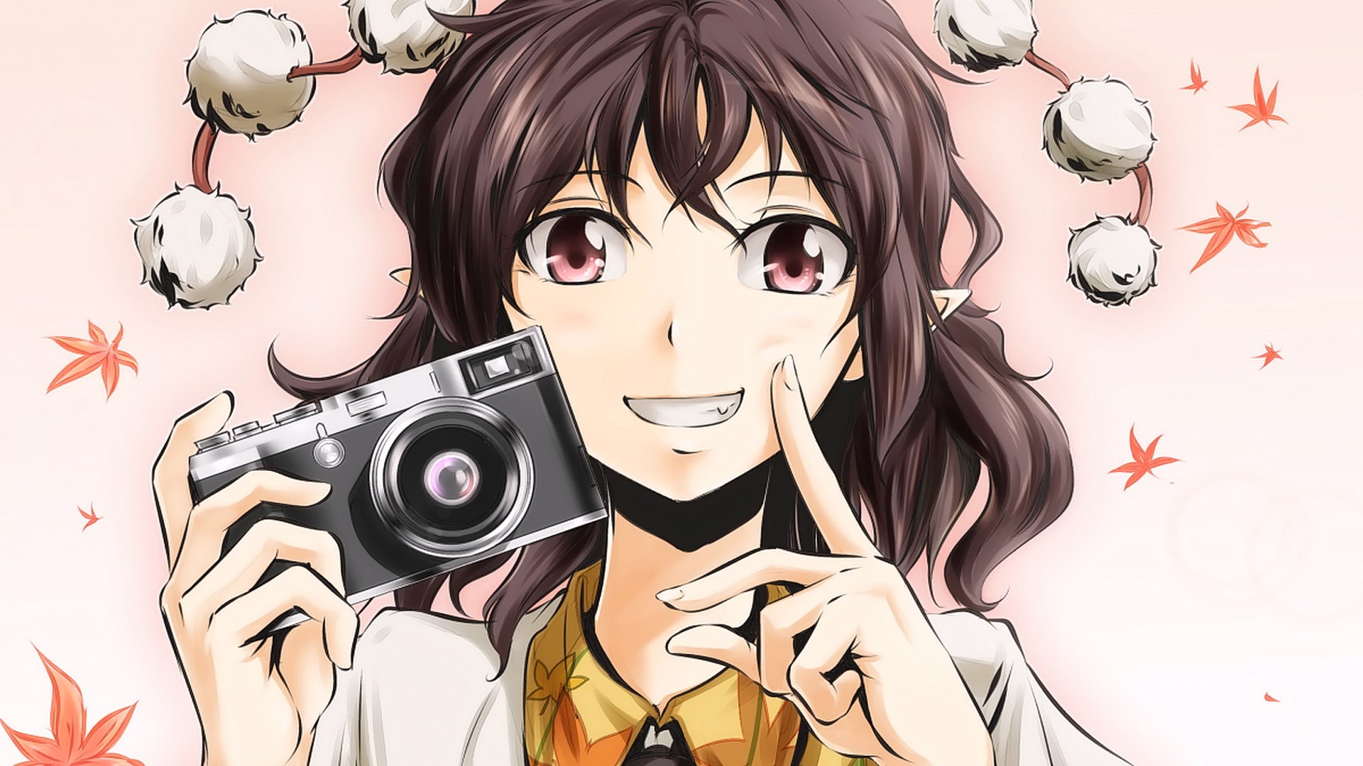 Anime Anime Girls Smiling Eyes Touhou Shameimaru Aya Brunette Camera Hat Pink Eyes Pointed Ears Shor 1920x1080
