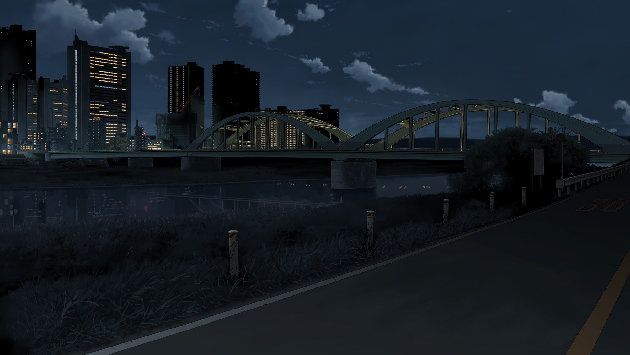 Anime Bridge City Night Landscape Moescape 2008x1130