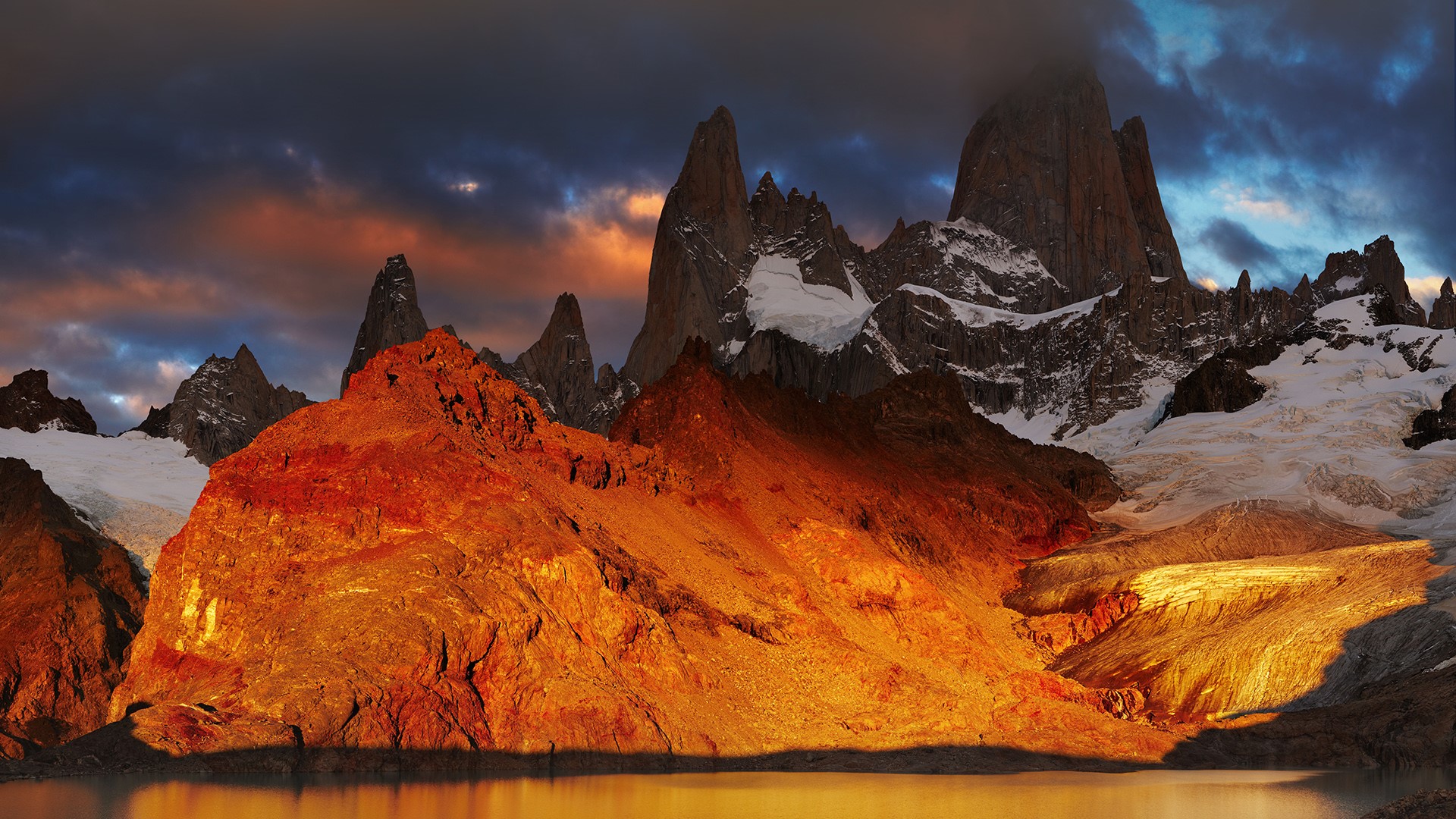 Nature Landscape Clouds Sky Mountains Snow Water Snowy Mountain Glacier Sunlight Monte Fitz Roy Pata 1920x1080