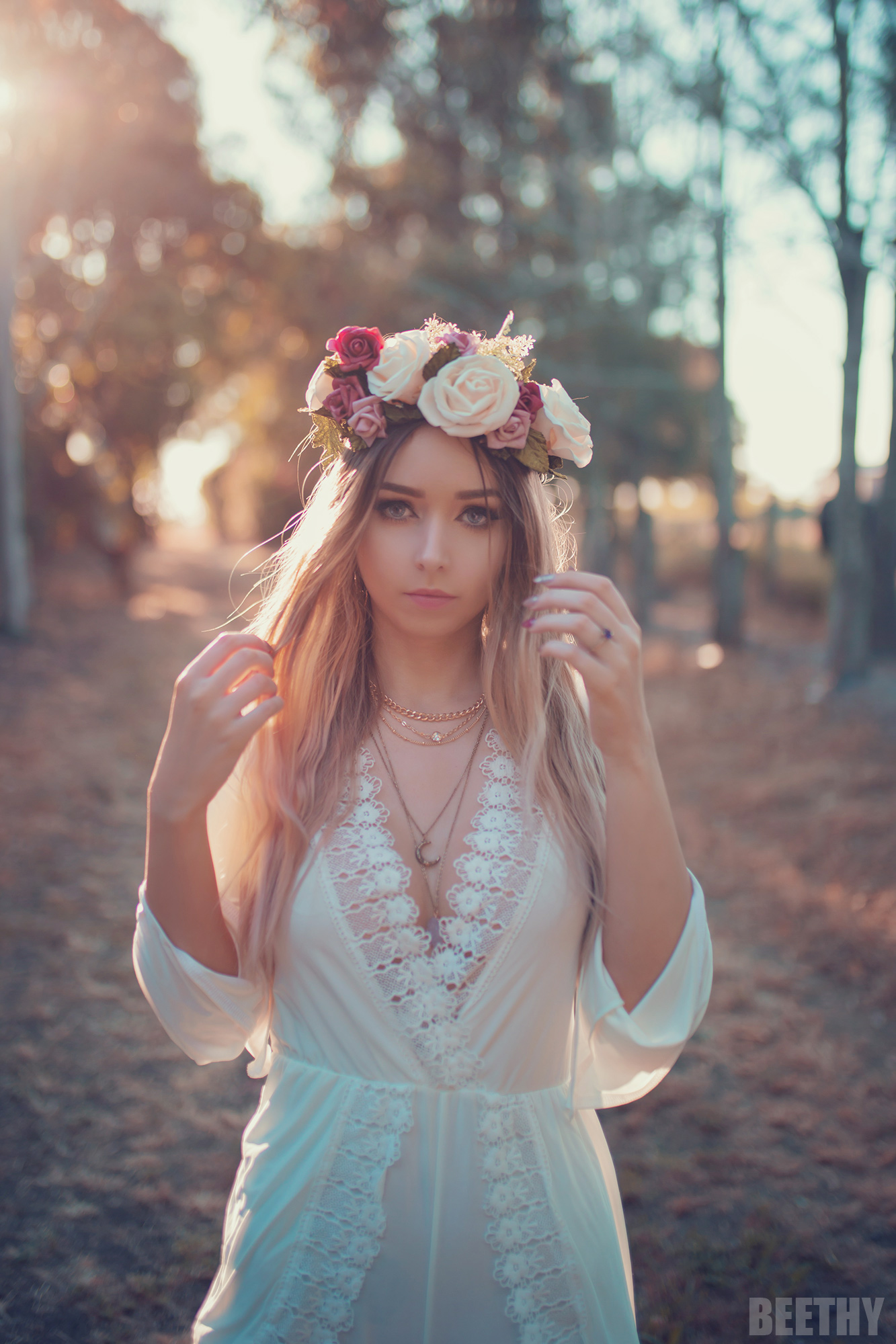 Beethy Women Blonde Blue Eyes Flowers Long Hair Model White Clothing Frontal View Women Outdoors 1333x2000