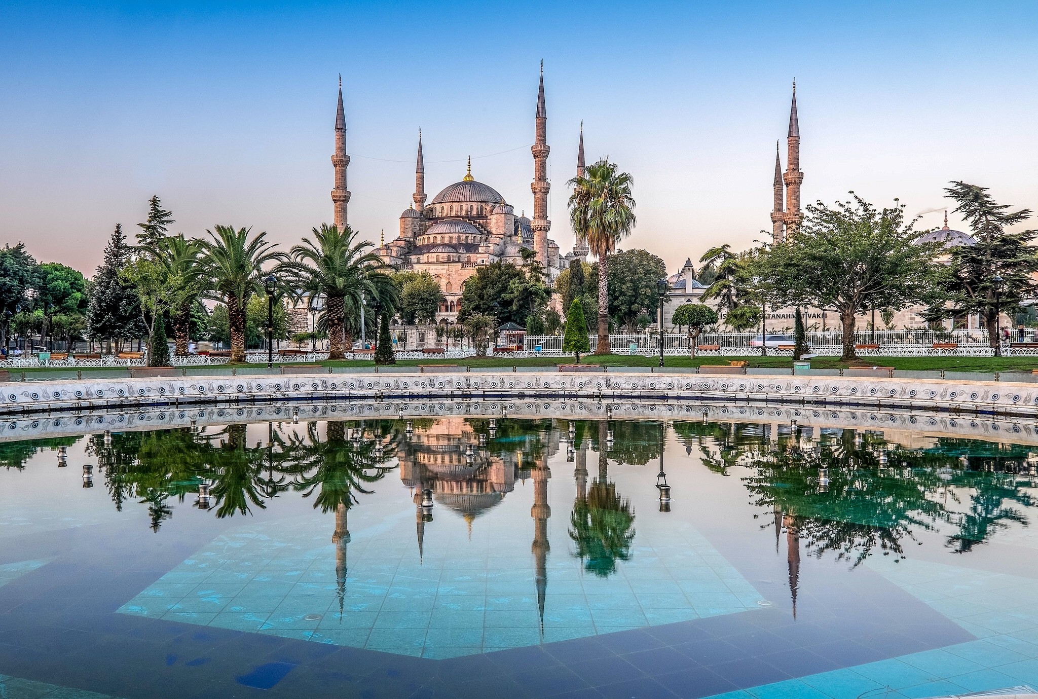 Architecture Cityscape Istanbul Turkey Sultan Ahmed Mosque Palm Trees Water Tiles Reflection Park 2048x1379