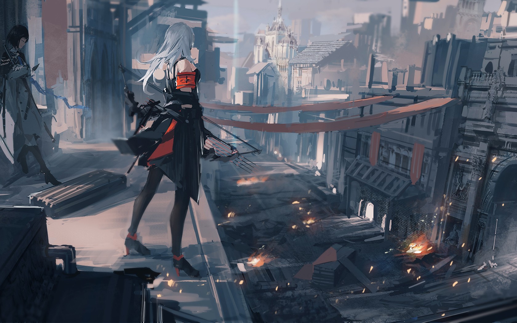 Anime City Fantasy City Anime Girls Bow Long Hair Grey Hair Crossbow 1680x1050