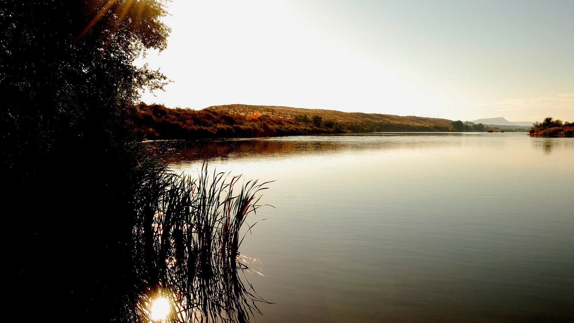 Landscape Water Lake Reeds Hills 1920x1080